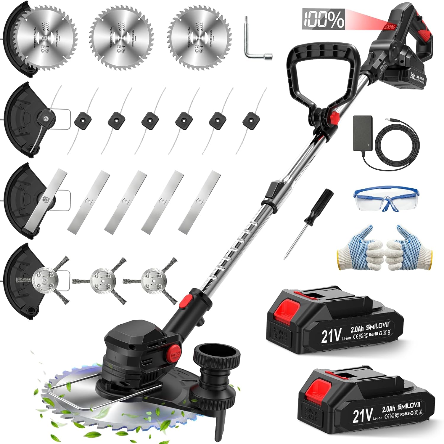 SMILOVII 21V Akku-Rasentrimmer 4-in-1 (Freischneider und Motorsense 24000 RPM, inkl. 2× 2.0 Ah Akkus)