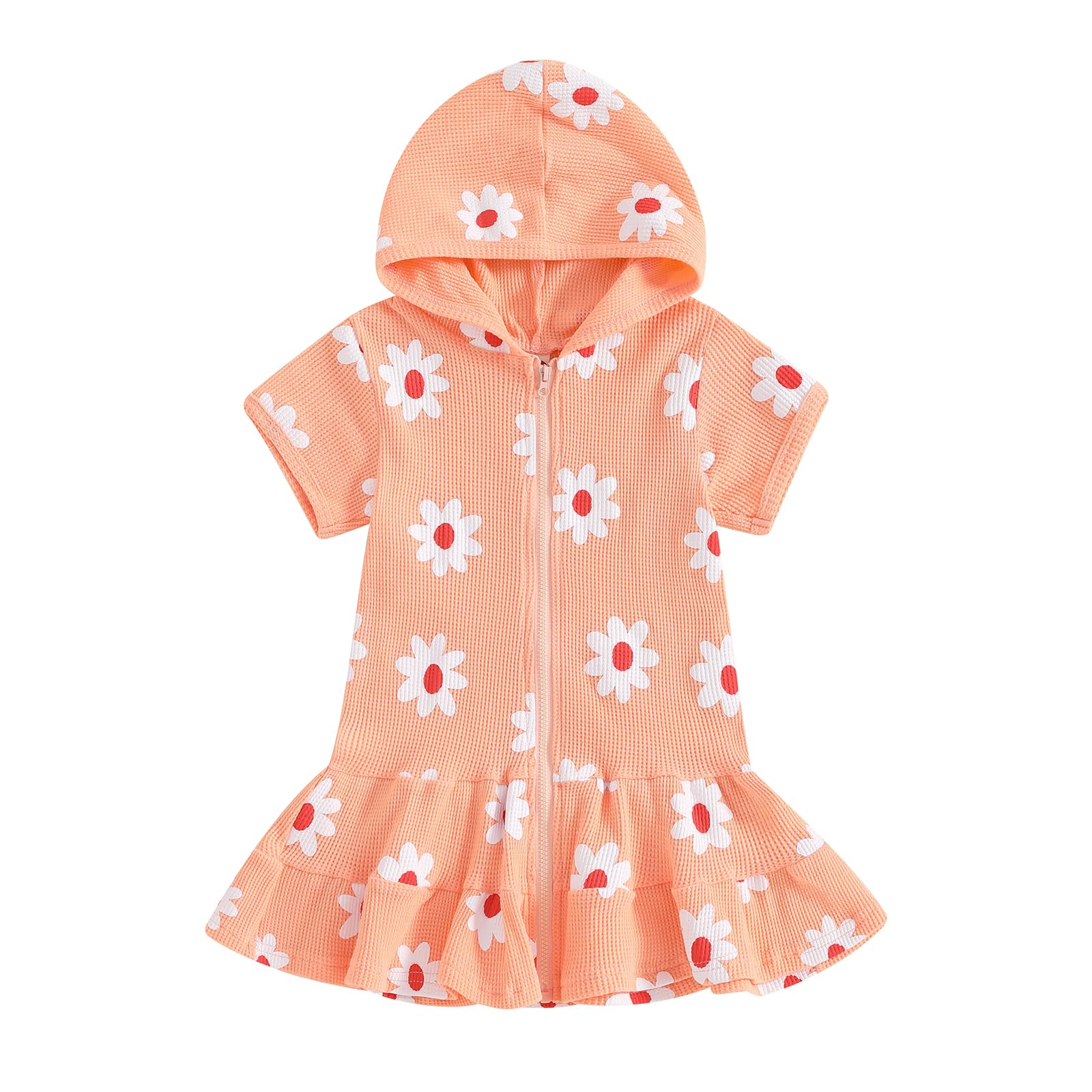 Gaono Kids Girl Swim Waffle Cover Up Toddler Baby Girl Short Sleeve Zip-up Hooded Swimsuit Terry Coverups Dress Swimwear (Orange Flower, 12-18 Months)