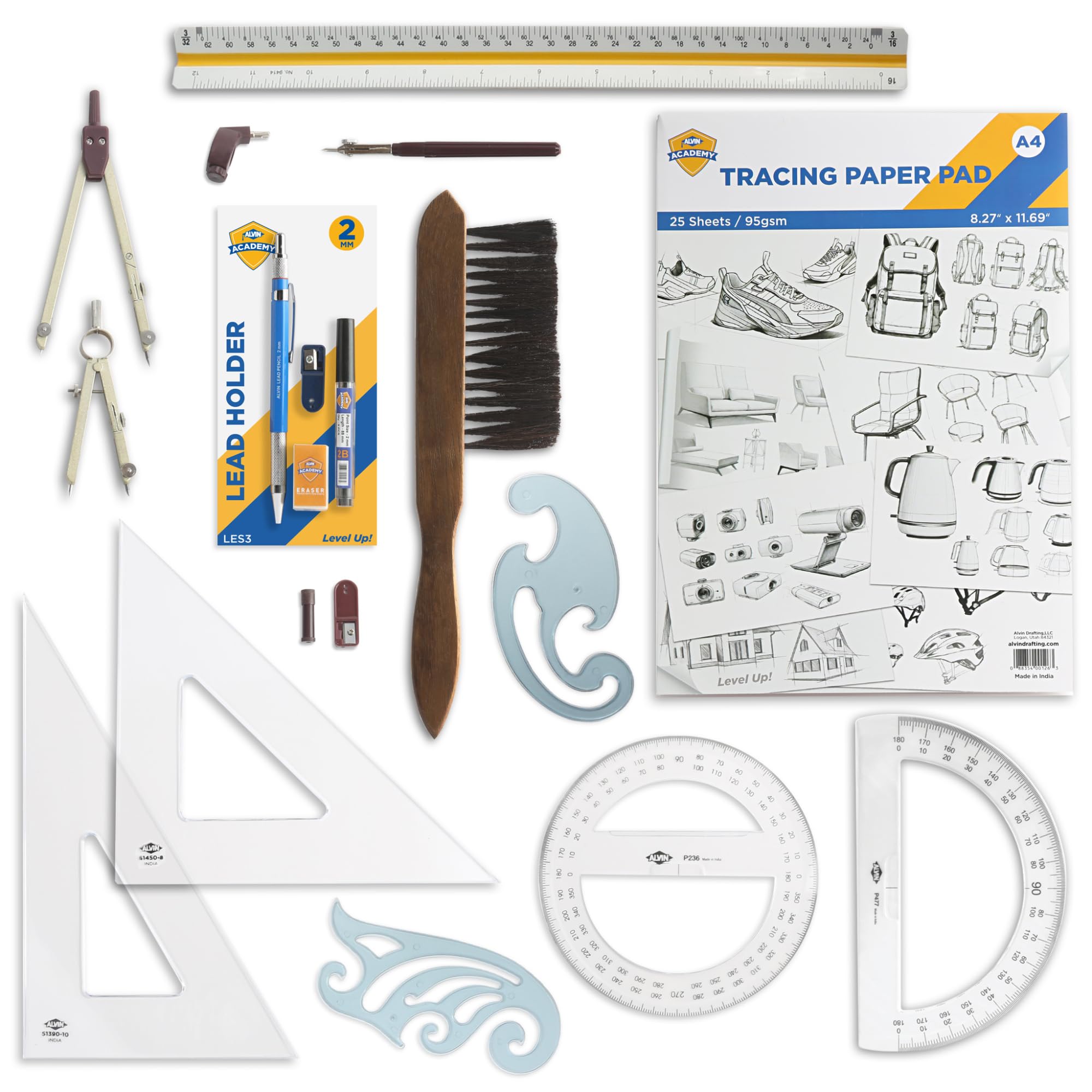 ALVIN Academy Drafting, Drawing and Design Essentials Kit | 13 Pieces | Class Tools for Geometry, Architecture and Engineering Students | - Model DDKE2