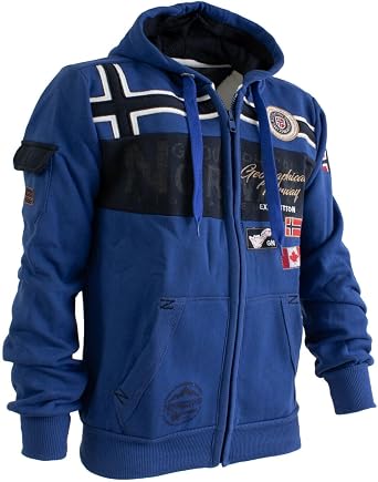 Geographical Norway Mens Long Sleeve Hoodie Sweatshirt 35% Polyester. 65% Cotton Royal Blue
