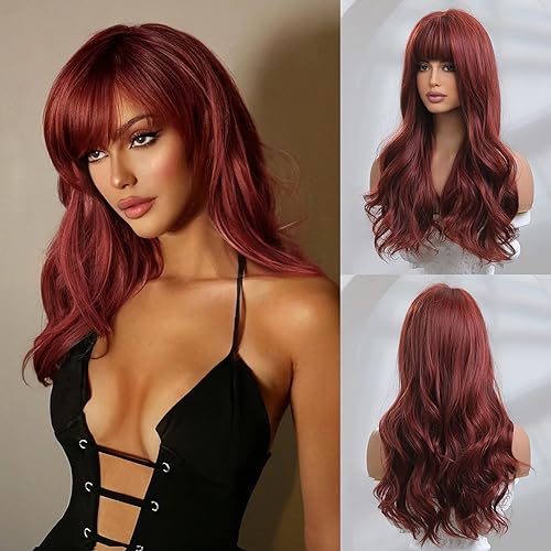 Honygebia Peluca de color rojo oscuro con flequillo, pelucas color borgoña para mujer, cabello largo y lacio en capas, pelucas sintéticas naturales