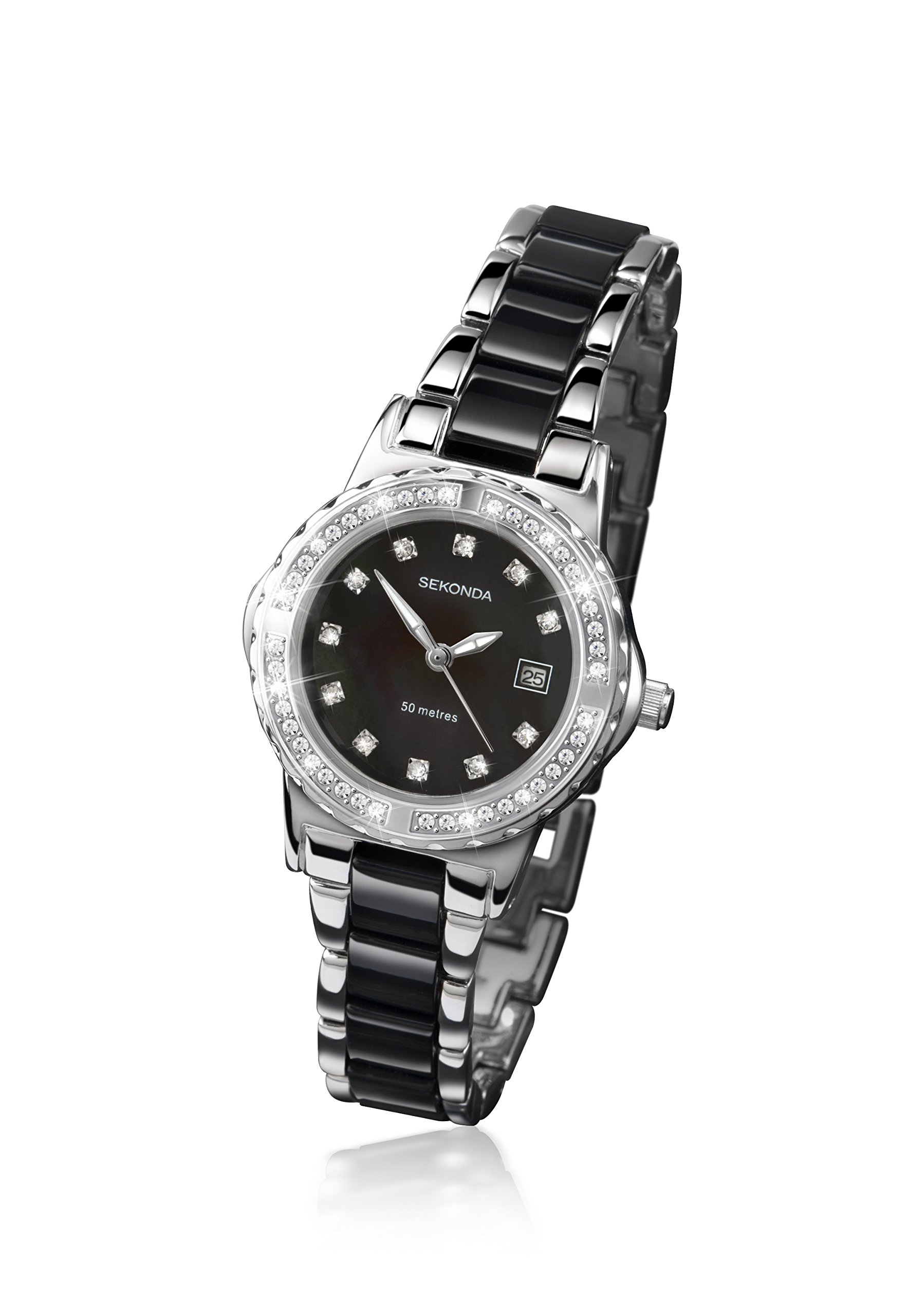 Sekonda Damen-Armbanduhr, analog, Quarz, 29 mm, Gehäuse mit Steinbesatz, weißes Perlmutt-Zifferblatt und Armband aus Legierung mit Kunststoff-Mittelgliedern