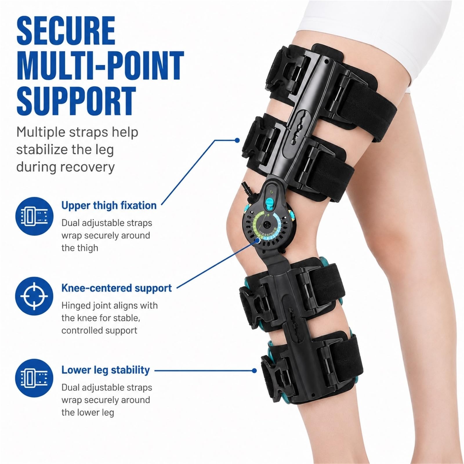 Rodillera Articulada ROM con Estabilizadores Laterales Soporte de Rodilla Ajustable Postoperatorio para Lesiones de Menisco ACL MCL PCL Ortopedia Médica para Hombre y Mujer