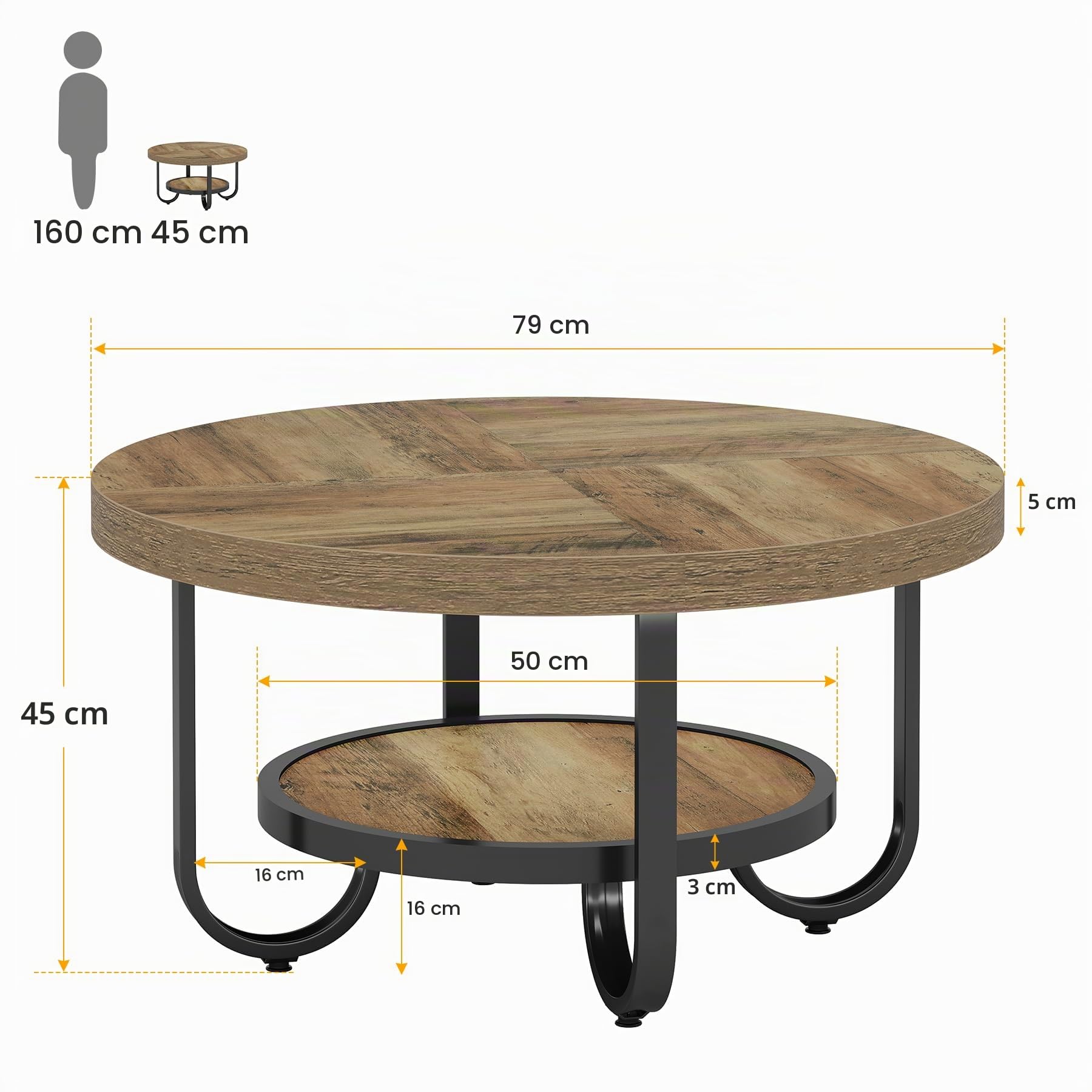 LITTLE TREE Runder Couchtisch Industrial, 2-stöckiger Wohnzimmertisch mit Ablagefach – 79 cm Durchmesser, Braun – Stabiler Sofatisch mit gebogenen Metallbeinen für Home Office & Wohnbereich