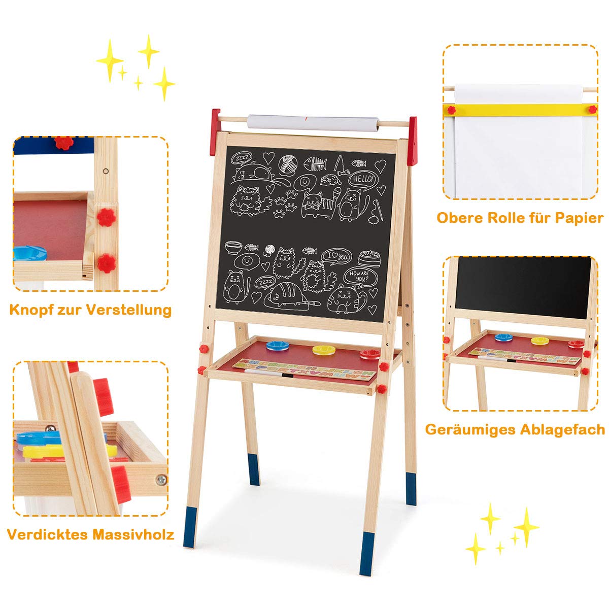 COSTWAY 3 in 1 Kinder Staffelei, Kindertafel doppelseitig, Whiteboard & Kreidetafel & Zeichenpapier, Standtafel, Spieltafel, Holztafel, höhenverstellbar, inkl. Zubehör