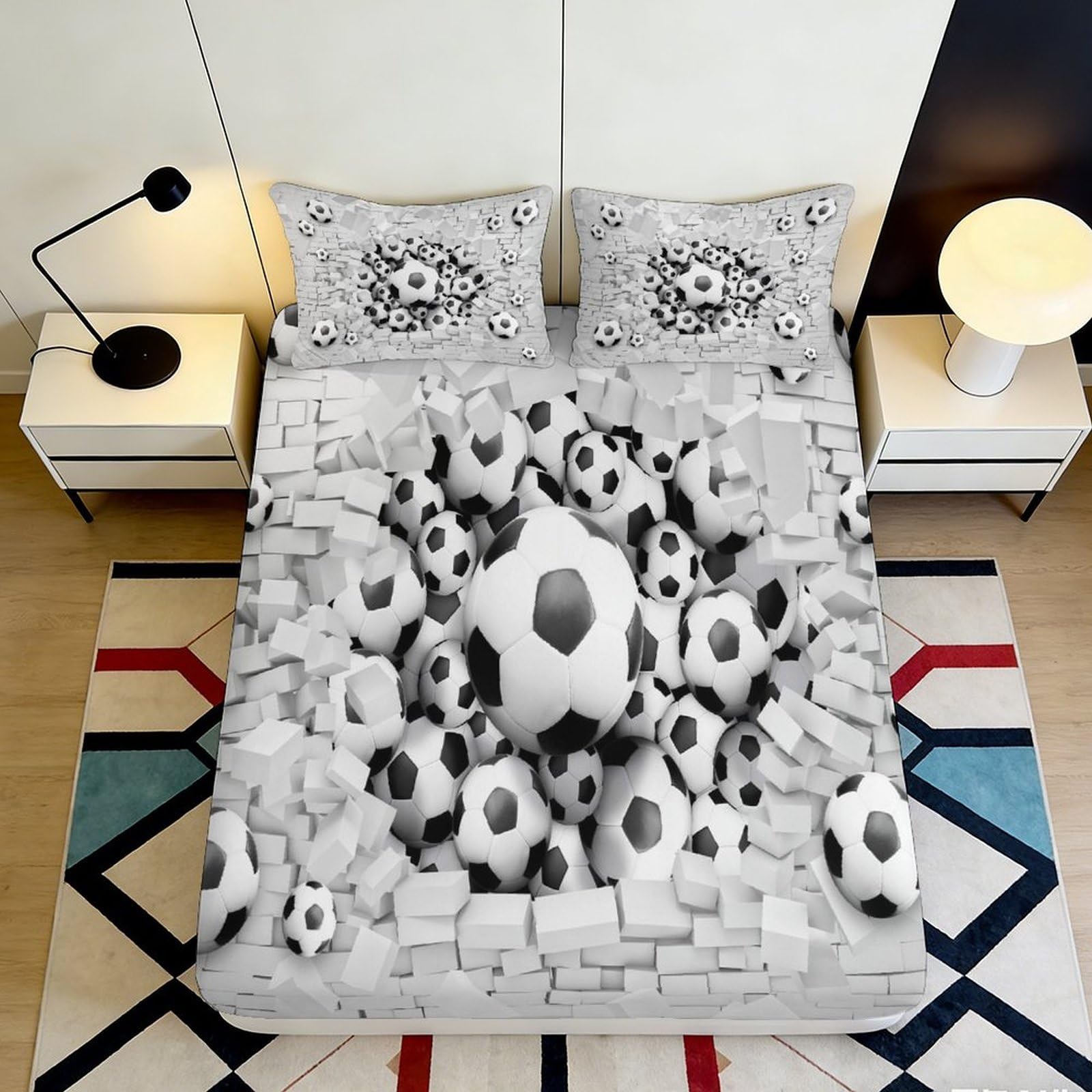 3D Printed Soccer Ball Fitted Sheet Microfiber Soft Durable 3D Printed Football Mattress Cover for Bedroom Dormitory Guest Room Mattress Protection 200x200x25cm