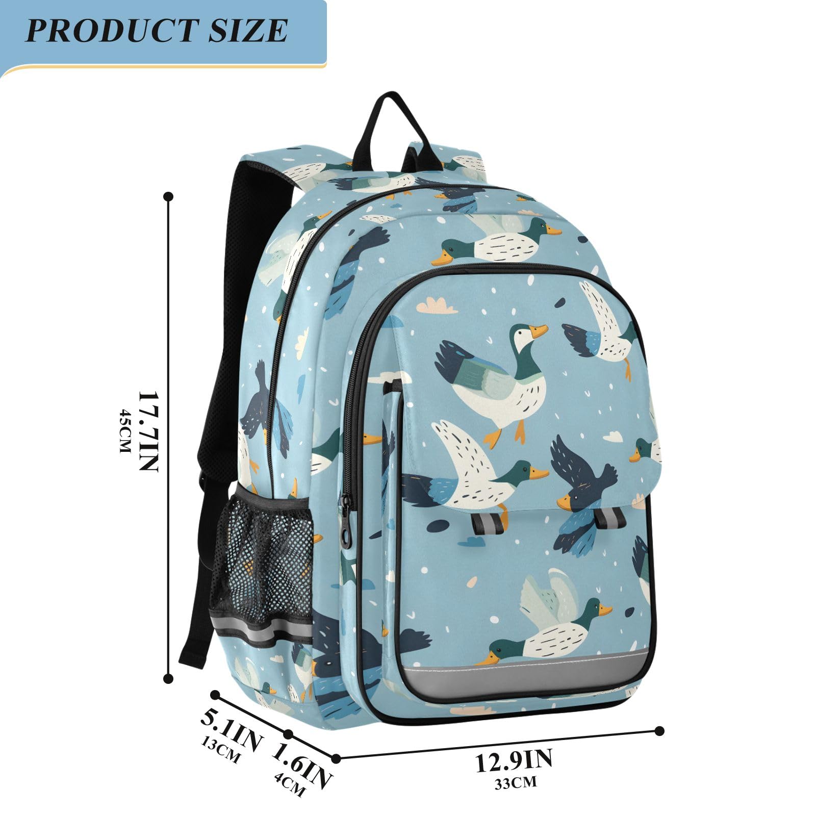 Zaino scolastico per bambini, zaino da viaggio, alla moda, per ragazze e ragazzi, con anatre che nuotano e volano, Anatre volanti e nuotanti, Taglia unica