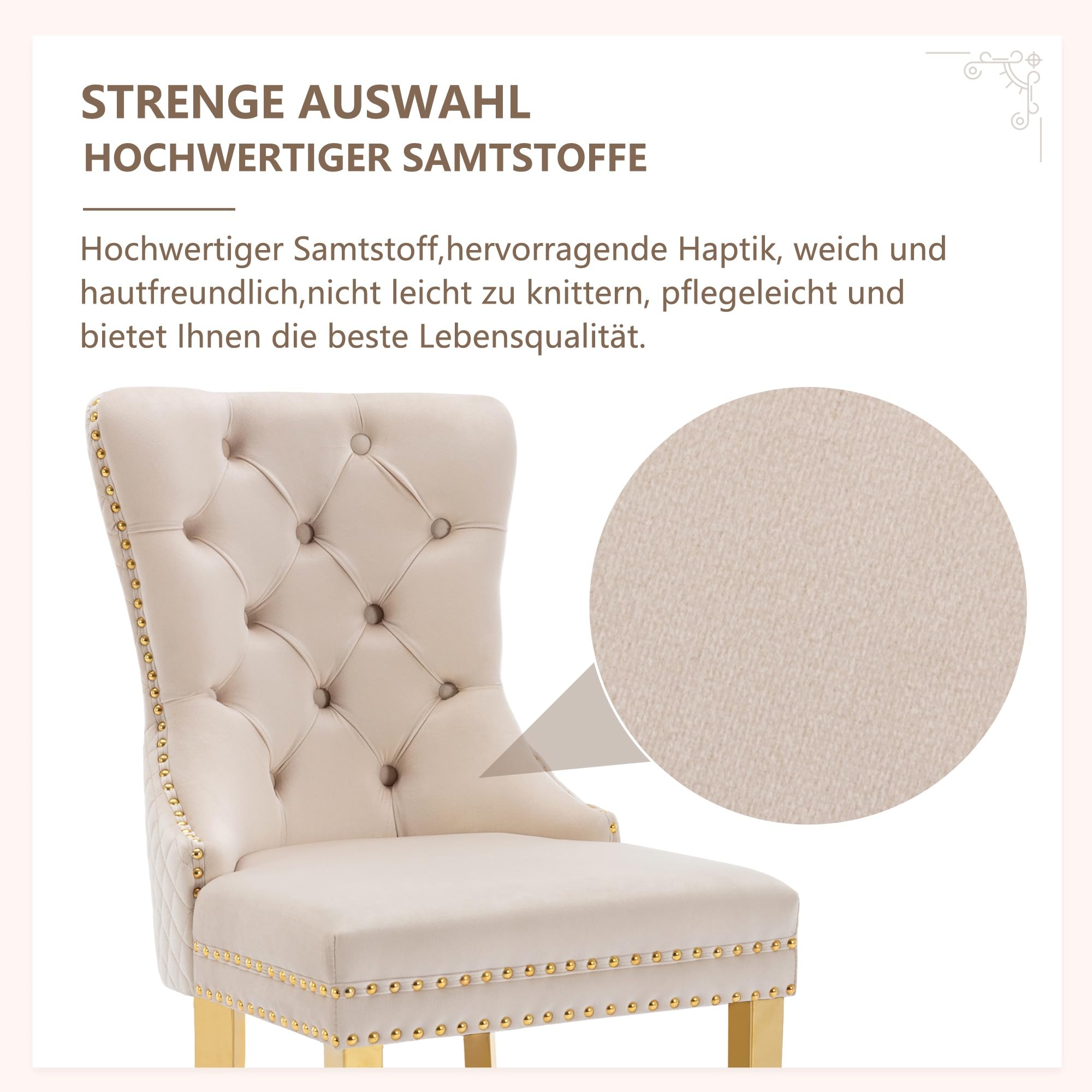 Esszimmerstuhl Beige (Küchenstuhl Wohnzimmerstuhl mit einzigartigem Runde Zugringe auf der Rückseite, 2 STS), Polsterstuhl mit Nagelkopfbesatz,Stützbeine aus vergoldetem Edelstahl, Samt