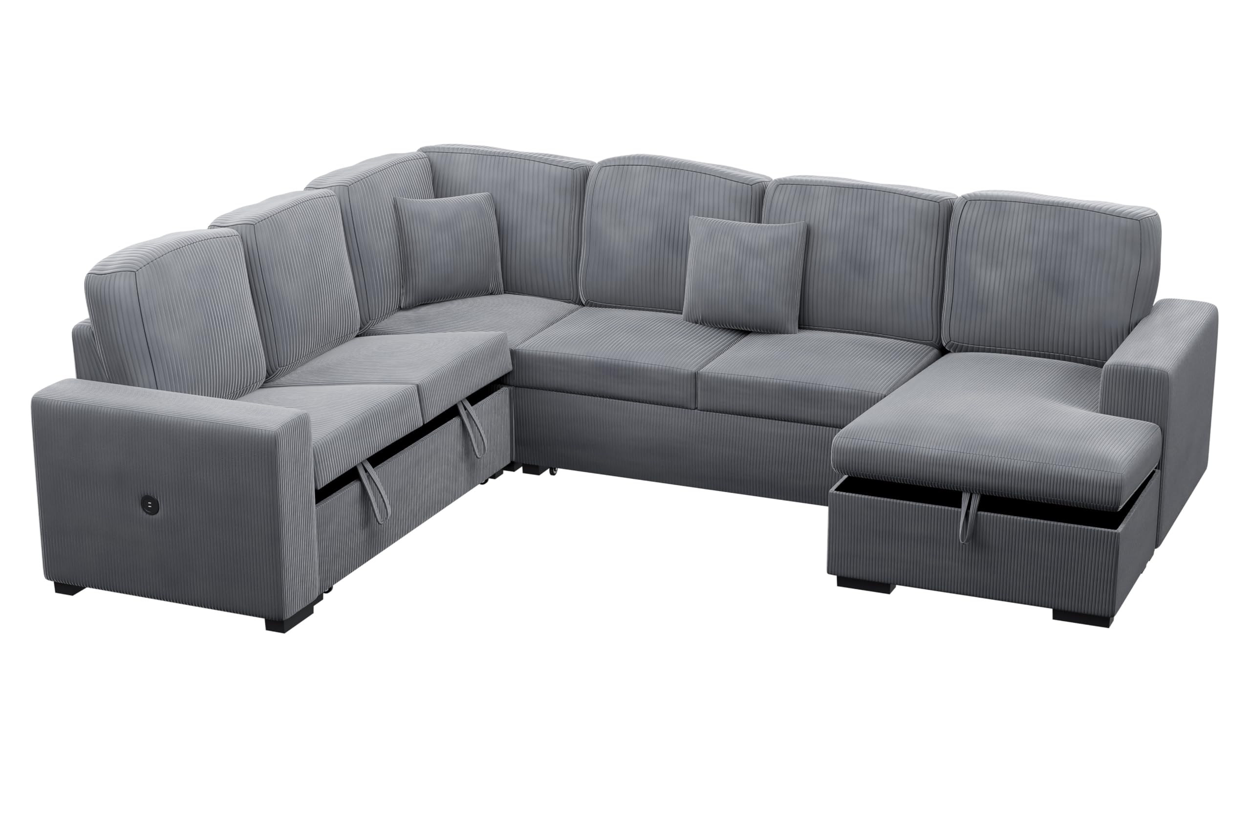 Condition photo showing New/Like New for poundex 4 piece convertible sectional with storage and usb in corduroy gray (4 boxes )