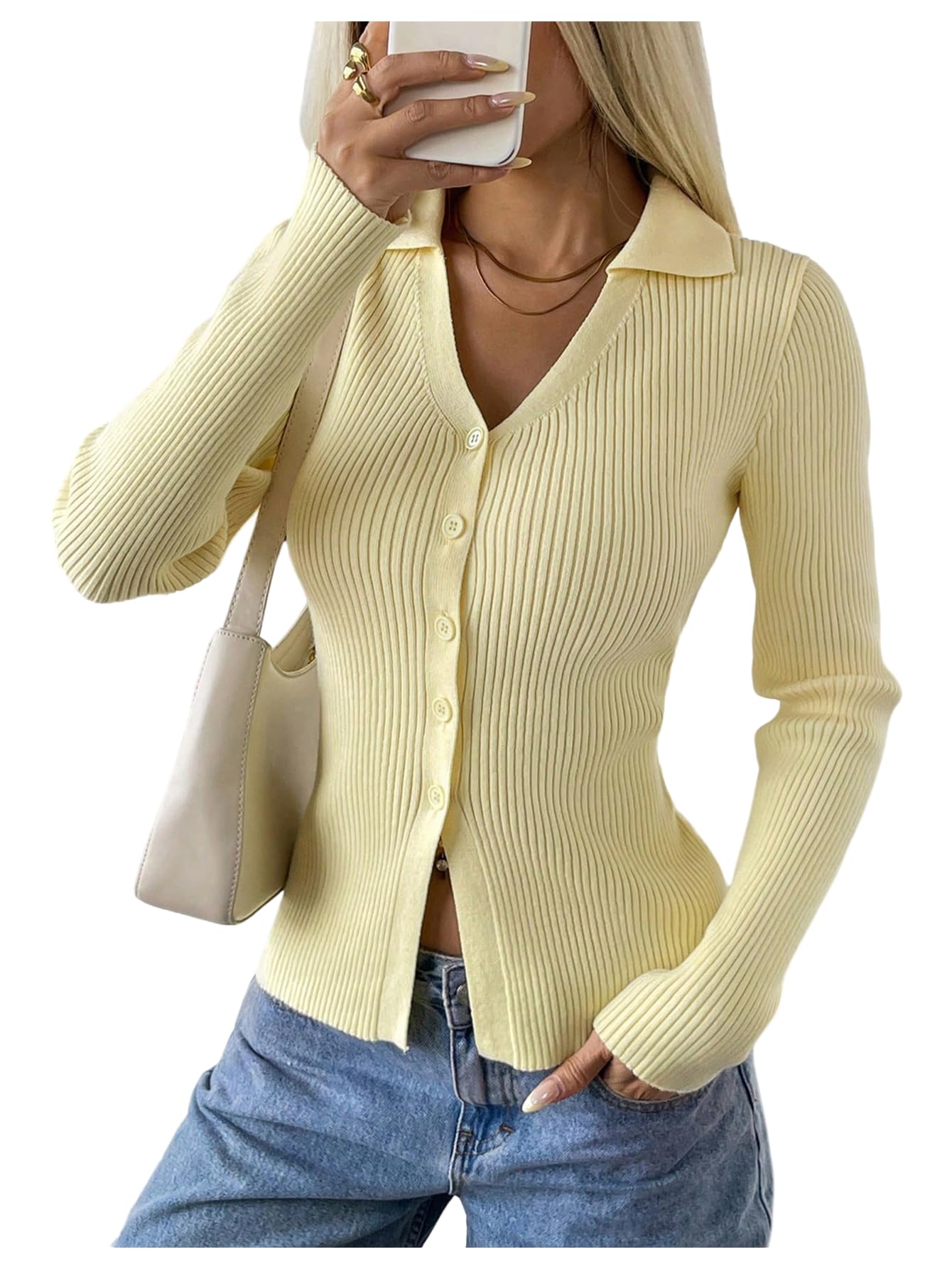 GORGLITTER Womens Long Sleeve Button Up Knit Sweater Dressy Casual Lightweight V Neck Collared Fall Cardigan Sweaters