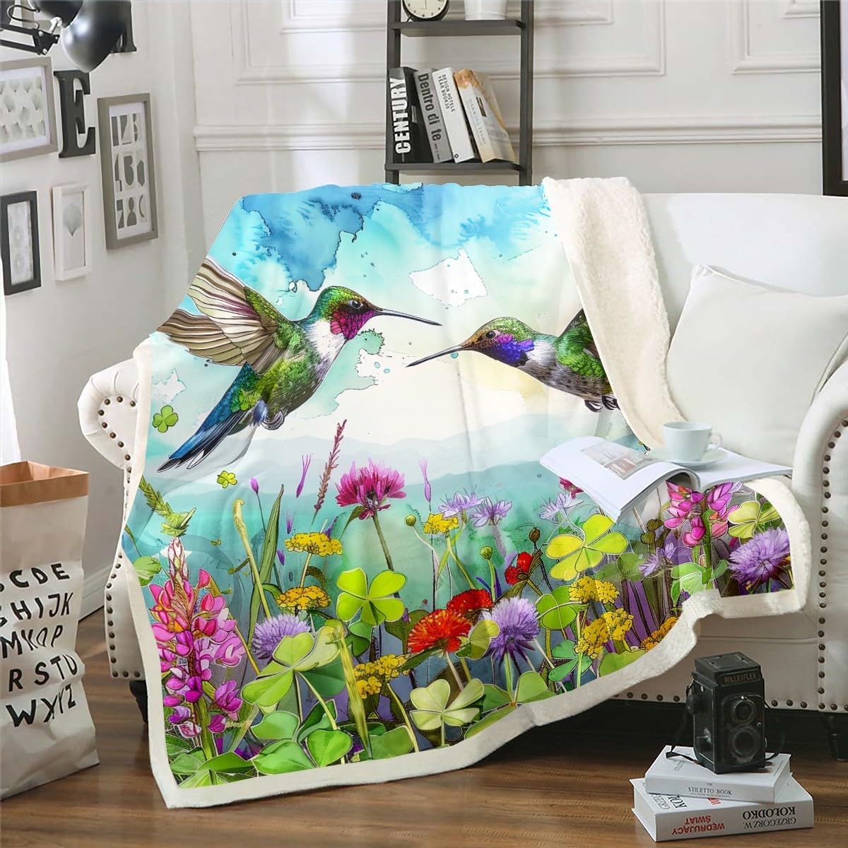 Erosebridal Watercolor Hummingbird Throw Blanket Cute Wild Animals Blanket 50"x60",Garden Flowers Botanical Fleece Blanket for Child Teens,Jungle Plant Leaves Daisy Lavender Bedroom Decor