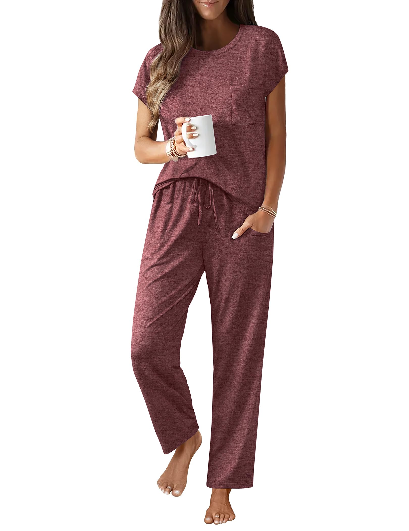 Ekouaer Women's Pajama Sets Cap Sleeve Sleepwear Tops and Long Pants Comfy Pjs 2 Piece Lounge Set with Pockets S-XXL