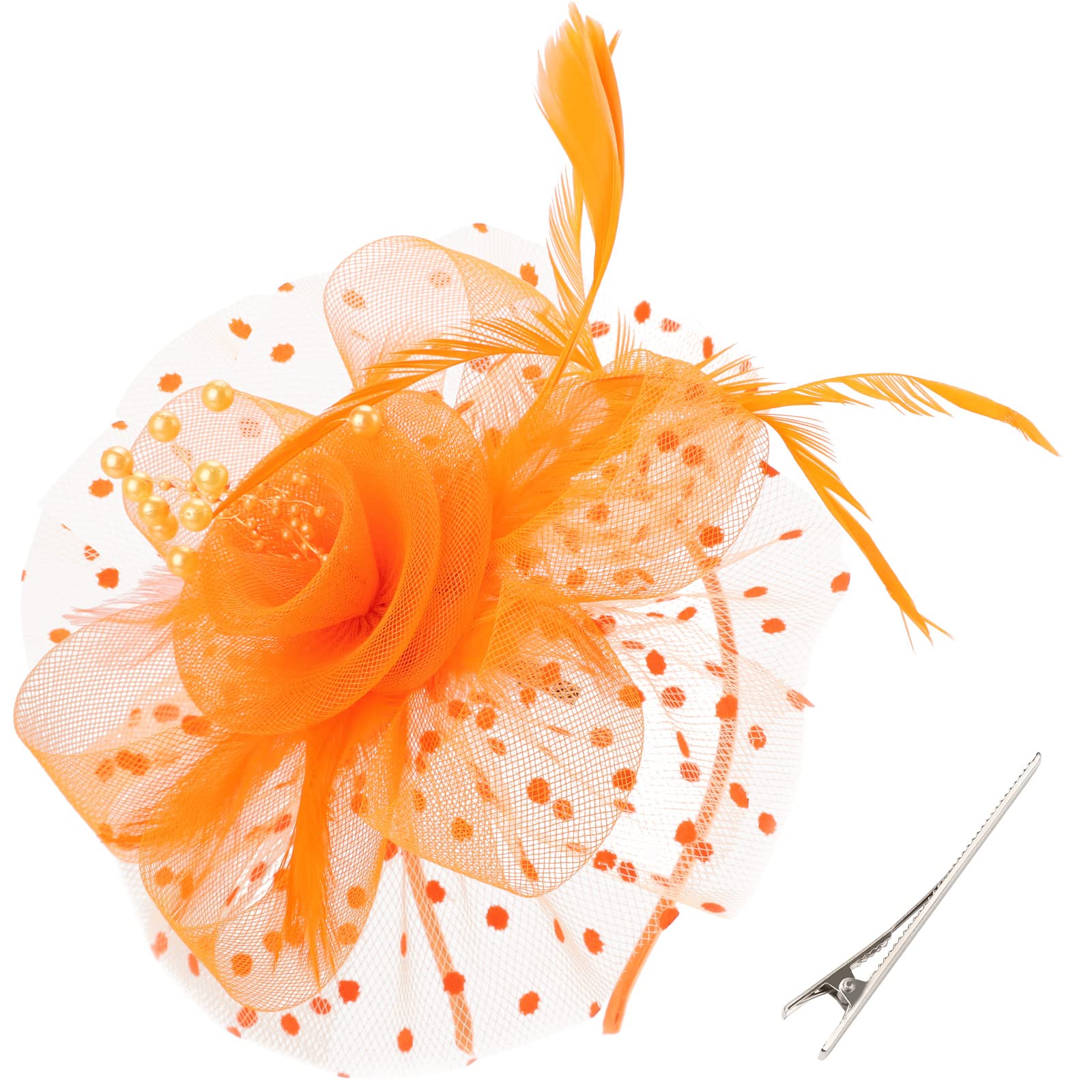 Dreshow Girls 03-Orange Fascinators Hat Flower Mesh Ribbons Feathers On A Headband And A Forked Clip Cocktail Tea Party Headwear For And Women