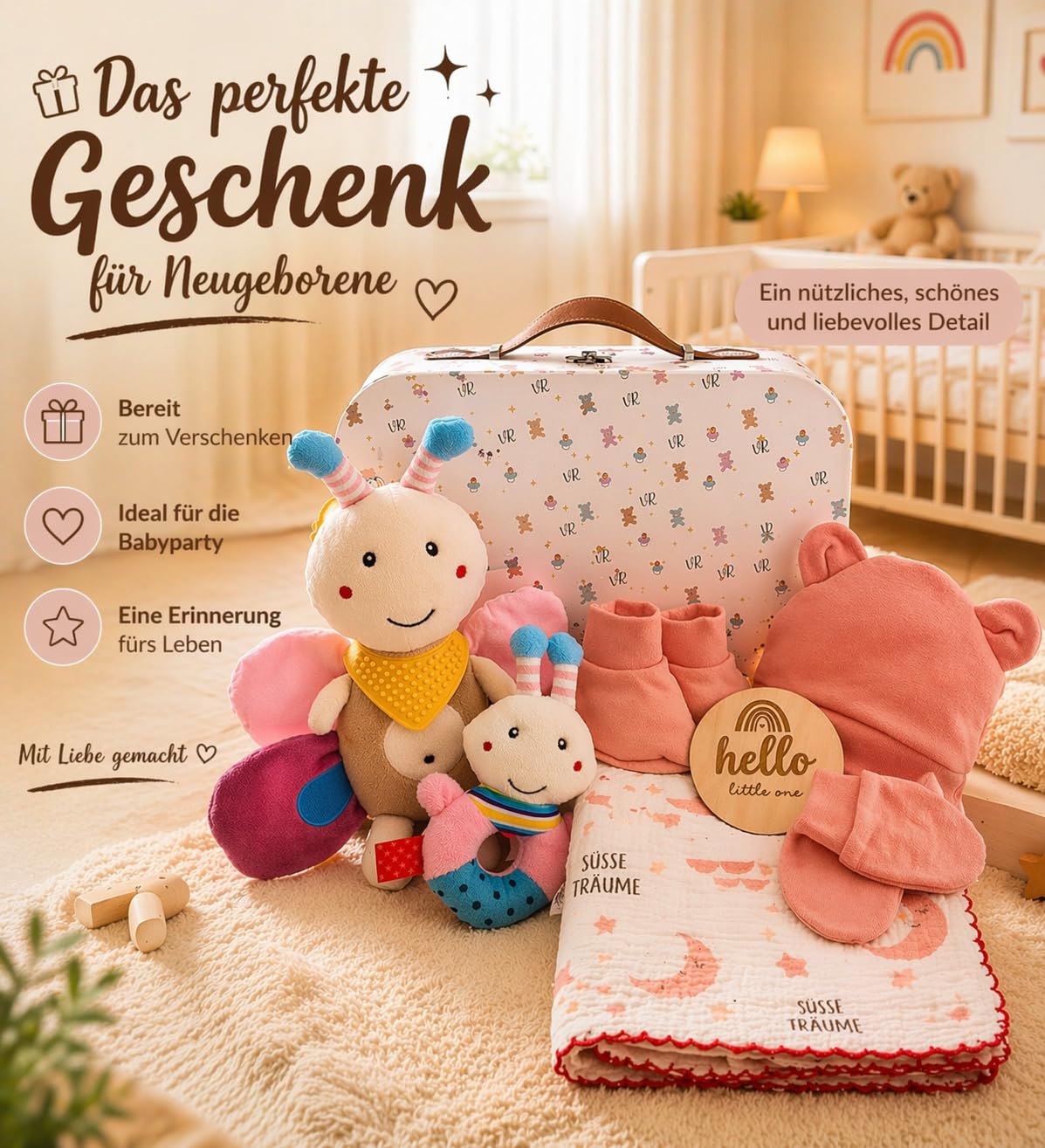 Baby Geschenkset Windeltorte – Neugeborenen Geschenkbox mit sensorischem Kuscheltier, passender Rassel & Babyzubehör – Ideales Geburtsgeschenk für Jungen und Mädchen