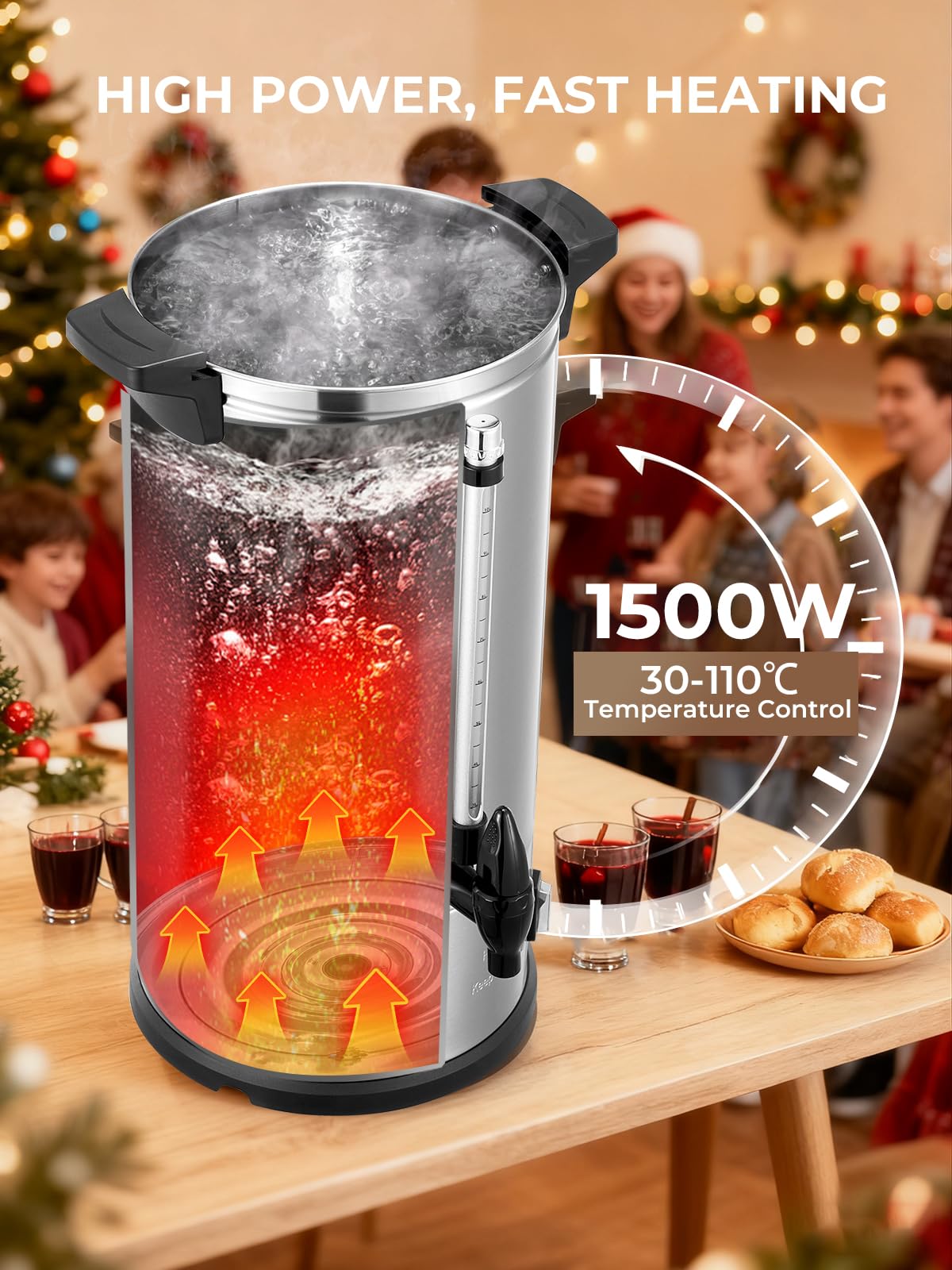 Bollitore Per Vin Brulé da 10 litri, Erogatore di Acqua Calda da 1500 W Con Rubinetto e Termostato, Erogatore Elettrico di Bevande Calde da 100 Tazze/ora, Pentola per Vin Brulé e Bollitore