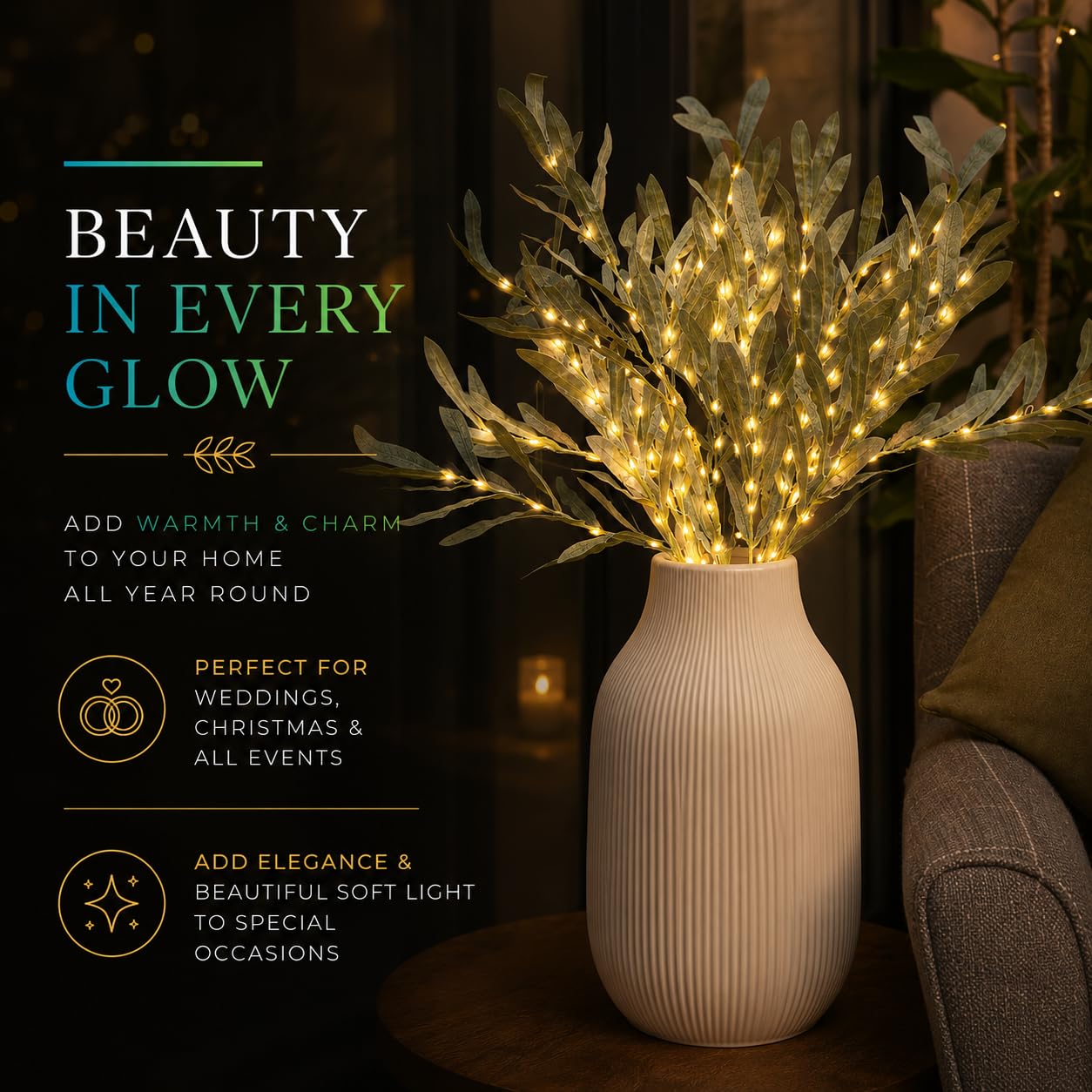 Festive Lights - Lot de 5 branches lumineuses décoratives en forme de feuilles d'olivier de 15 x 65 cm avec 300 LED blanc chaud - Feuillage d'intérieur alimenté par piles, design vert, fonction