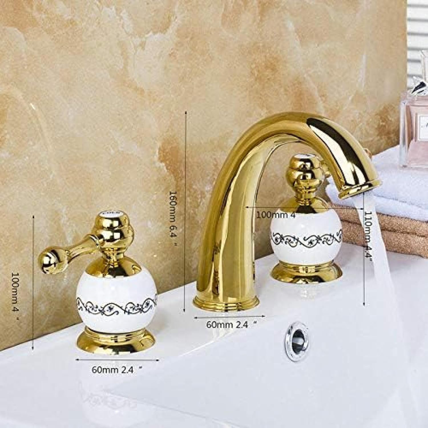 Bateria łazienkowa, zestaw 3 szt., pozłacana, bateria wannowa, zestaw EuropUPC, bateria umywalkowa z podziałem, ceramiczny korpus baterii, dwa uchwyty