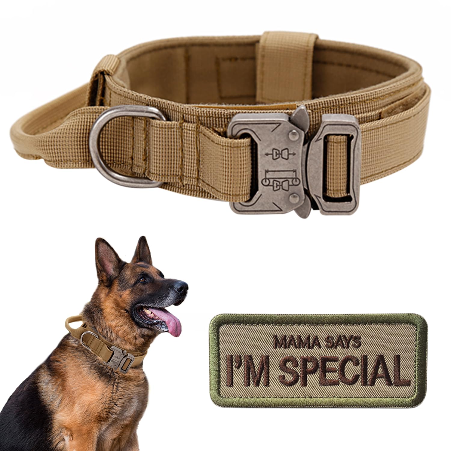 Tactical Dog Collar with Handle - Military Adjustable Dog Training Collar Soft Nylon and Heavy Duty Metal Buckle for Medium Large Dogs - with Patch (