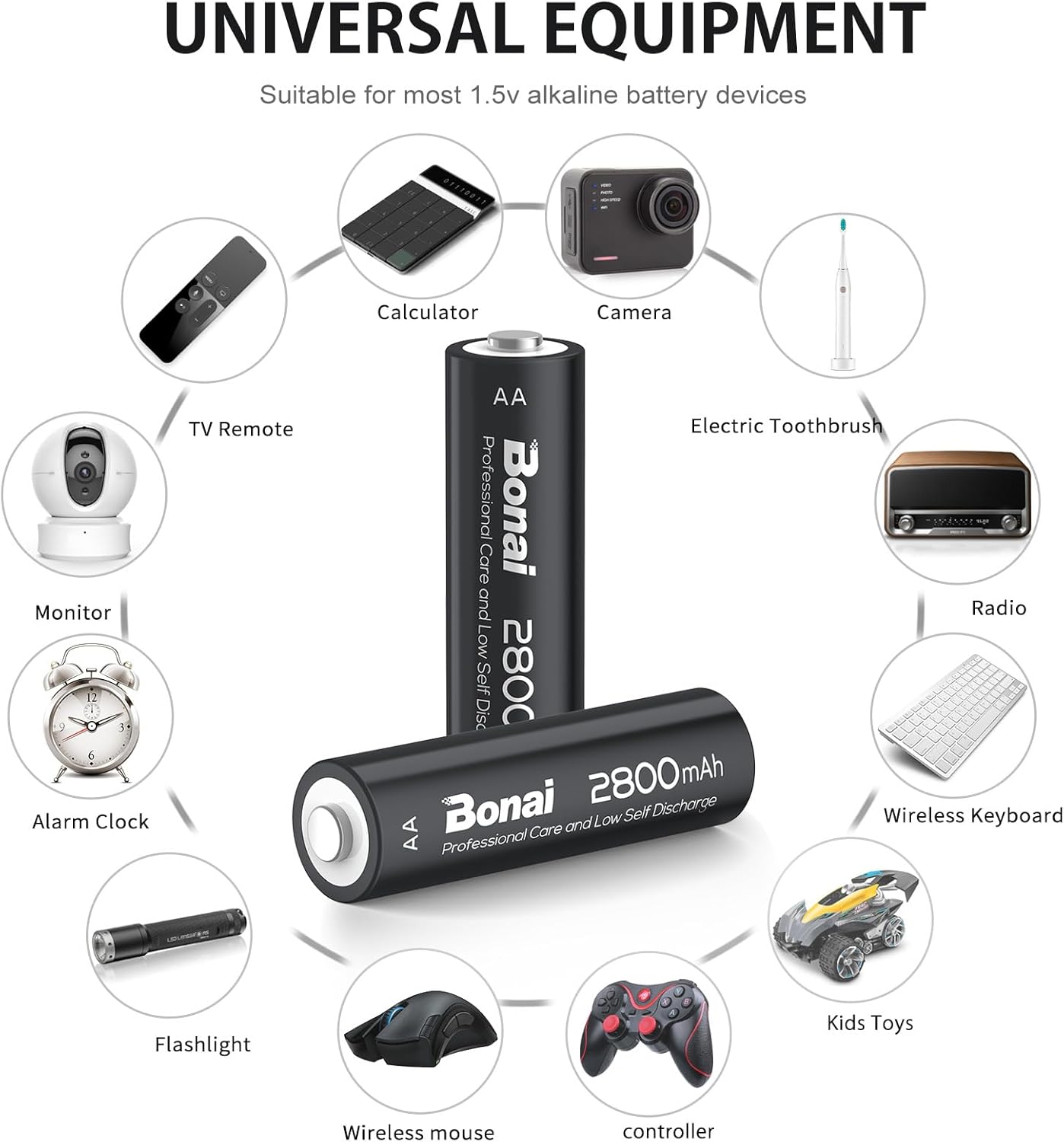 BONAI AA Rechargeable Batteries 2800mAh 1.2V Ni-MH Low Self Discharge-8 AA