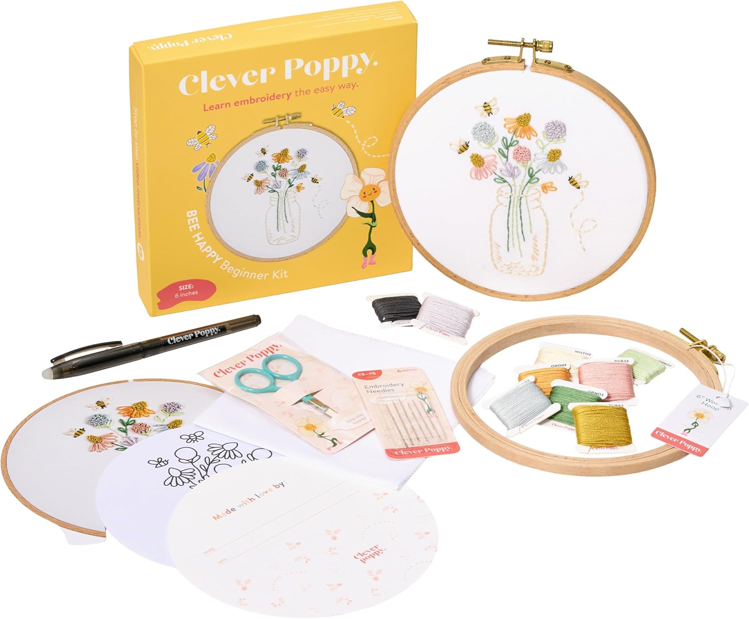 Clever Poppy Bee Happy Beginner Embroidery Kit – Easy Embroidery Kit for Beginners with Hoop, Thread & Patterns – Hand Embroidery Kit for Adults and Teens – Complete Embroidery Starter Kit