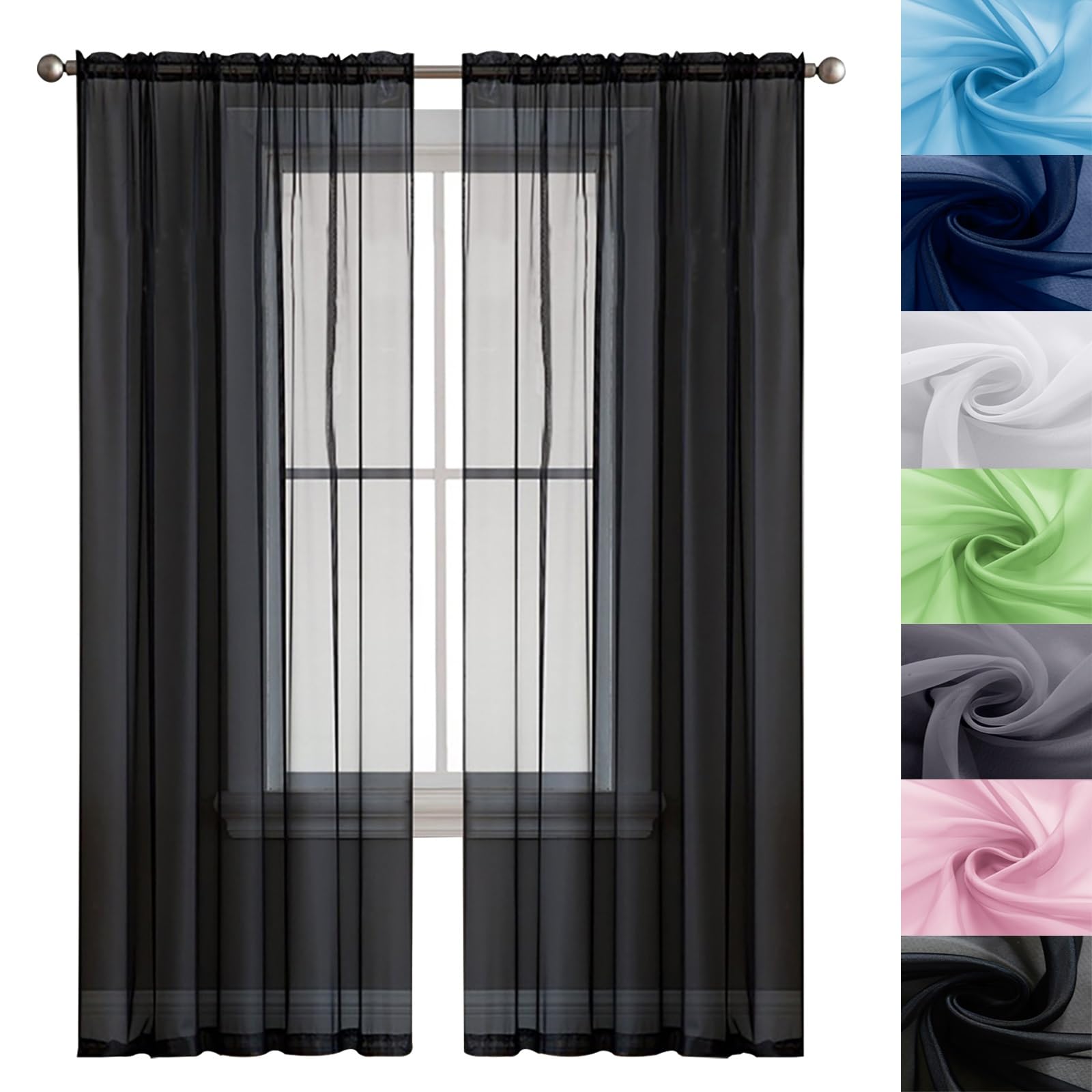 GAIFNAG Woven Voile Gathering Tape Curtain 240 x 260 cm Super Soft Thermal Insulated Window Treatment Thermal Insulated Curtains & Drapes for Bedroom and Living Room, Black — image 1