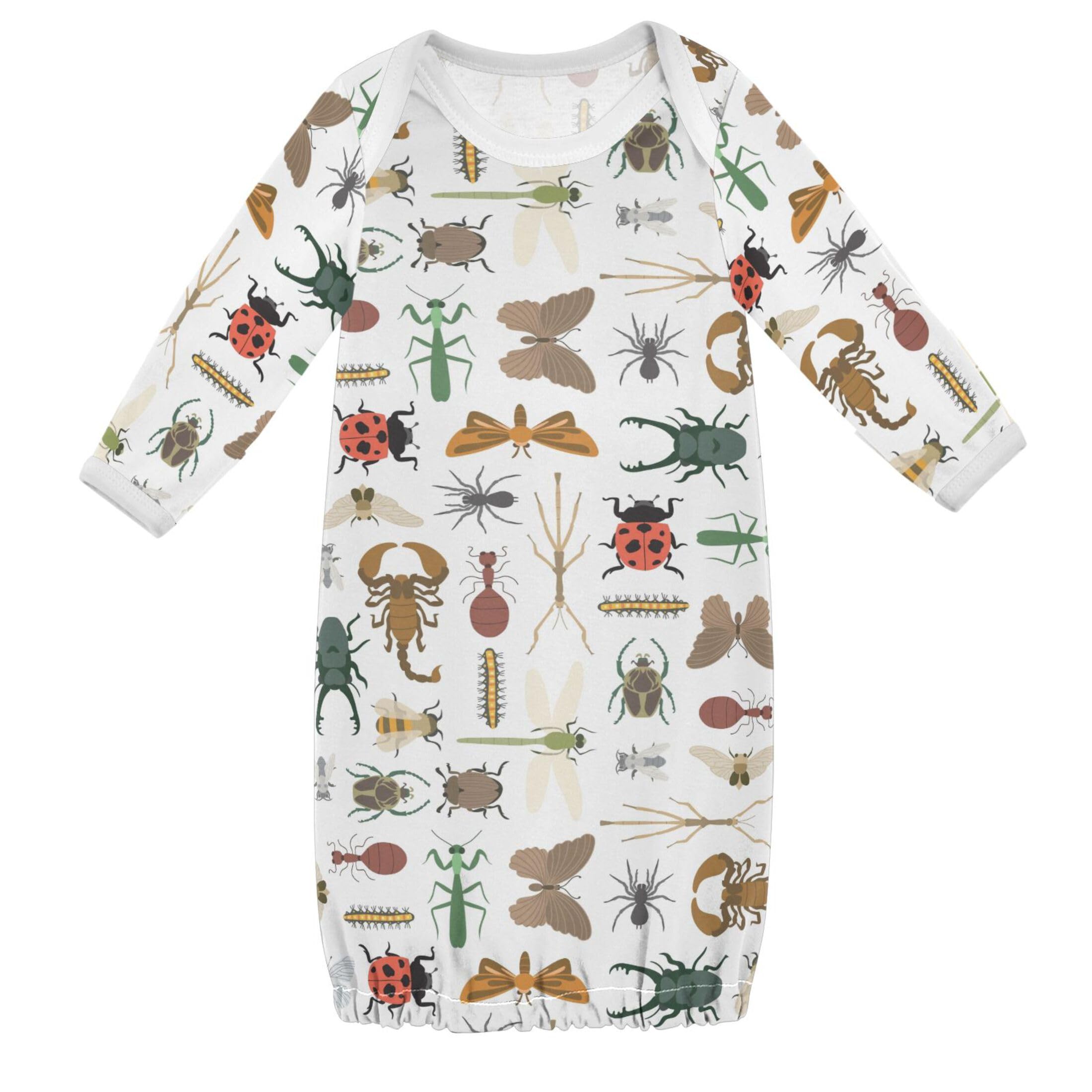 Vozoza Bugs Insects White Baby Boy Girl Sleeper Gown Cotton Nightgowns Clothes 0-3 Months, 1-Pack