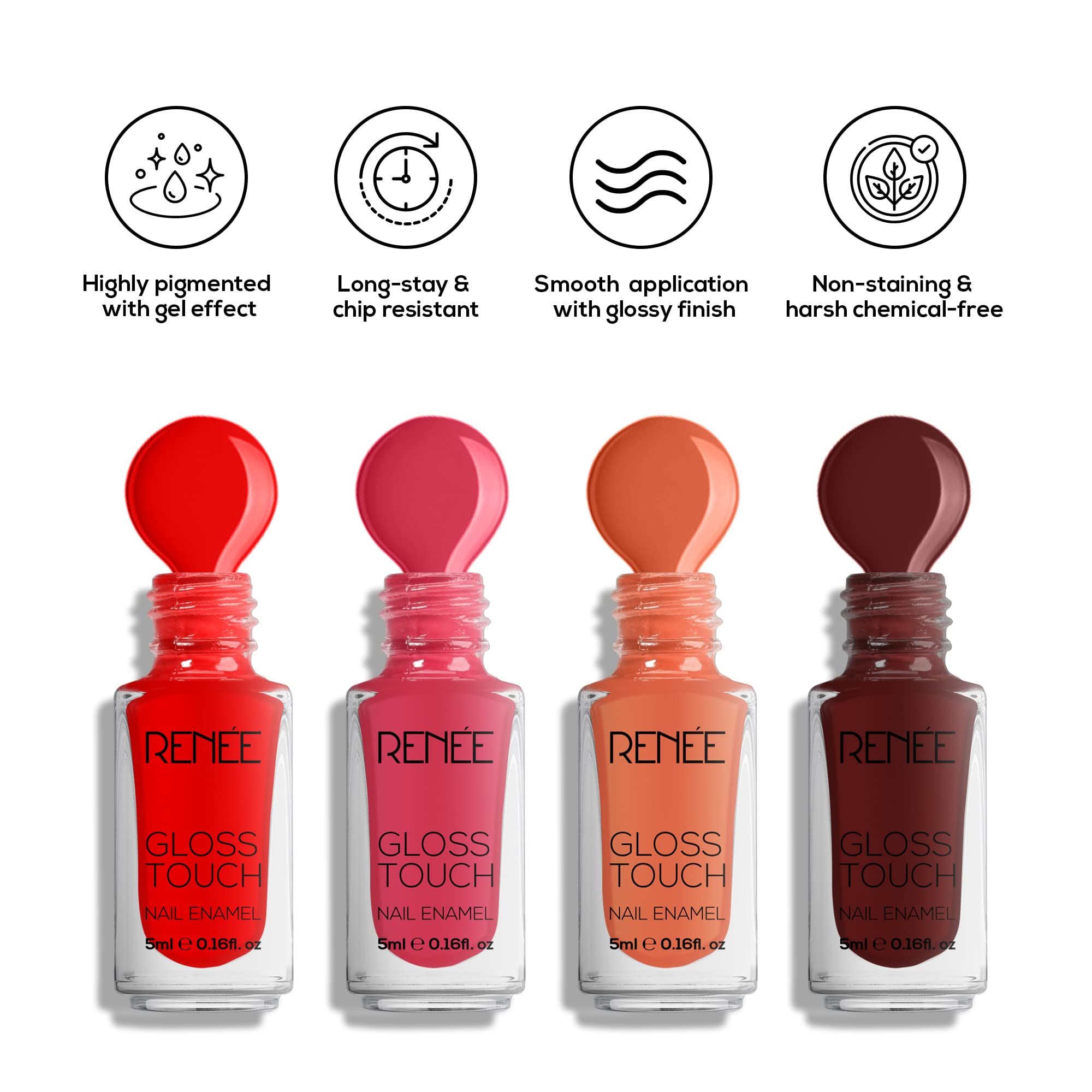 RENEE Gloss Touch Nail Paint Set of 4, Quick Drying Nail Polish, Glossy Gel Finish Nail Kit | Highly Pigmented & Long Lasting Nail Enamel, Chip Resistance 5ml Each, Gift Set for Women N03 Red Parade