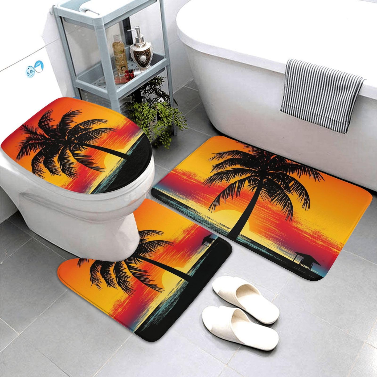 Dwrepo Sunset Palm Tree Print Bathroom Rug Set 3 Piece with Non-Slip U-Shaped Contour Mat and Toilet Lid Cover for Bathroom Decoration