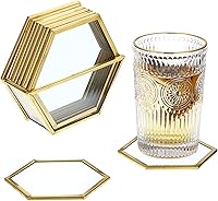 Vista 10 de JUXYES Juego de 8 posavasos redondos de vidrio con soporte, posavasos de latón dorado para bebidas, juego de posavasos de vidrio para tazas, juego