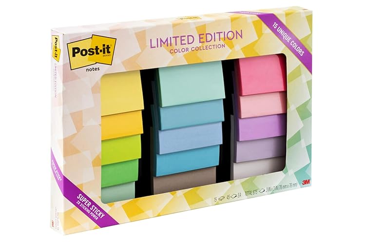 Post-it Super Sticky Notes, Limited Edition Color Collection, 3x3 in, 15 Pads/Pack, 45 Sheets/Pad - 7.9" x 11.9"