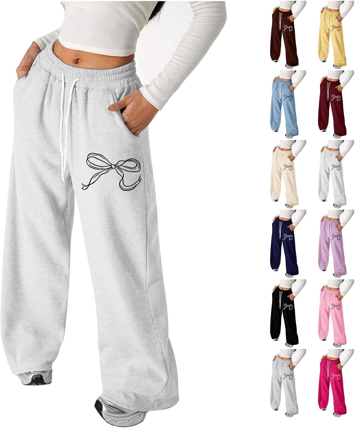 Baggy Bow Sweatpants for Girls Trendy Oversized Wide Leg Loose Sweat Pants Elastic High Waist Drawstring Athletic Joggers