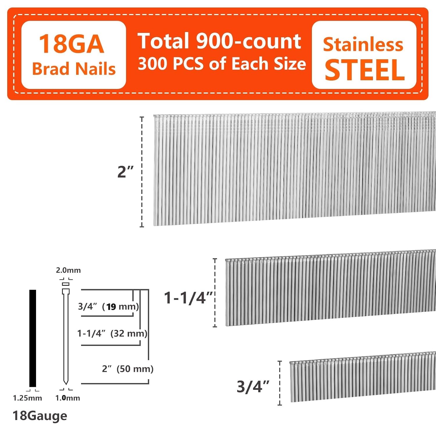 304 Stainless Steel 18 Gauge Brad Nails 3 Sizes 900-Pack