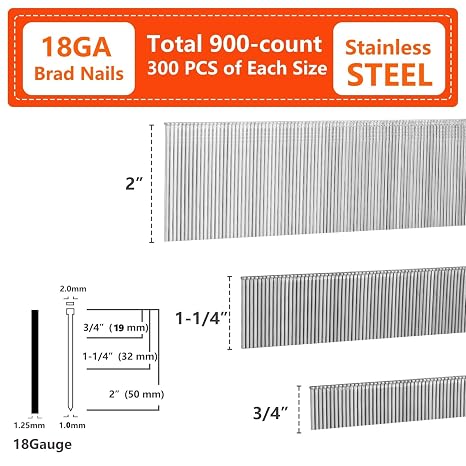 304 Stainless Steel 18 Gauge Brad Nails 3 Sizes 900-Pack