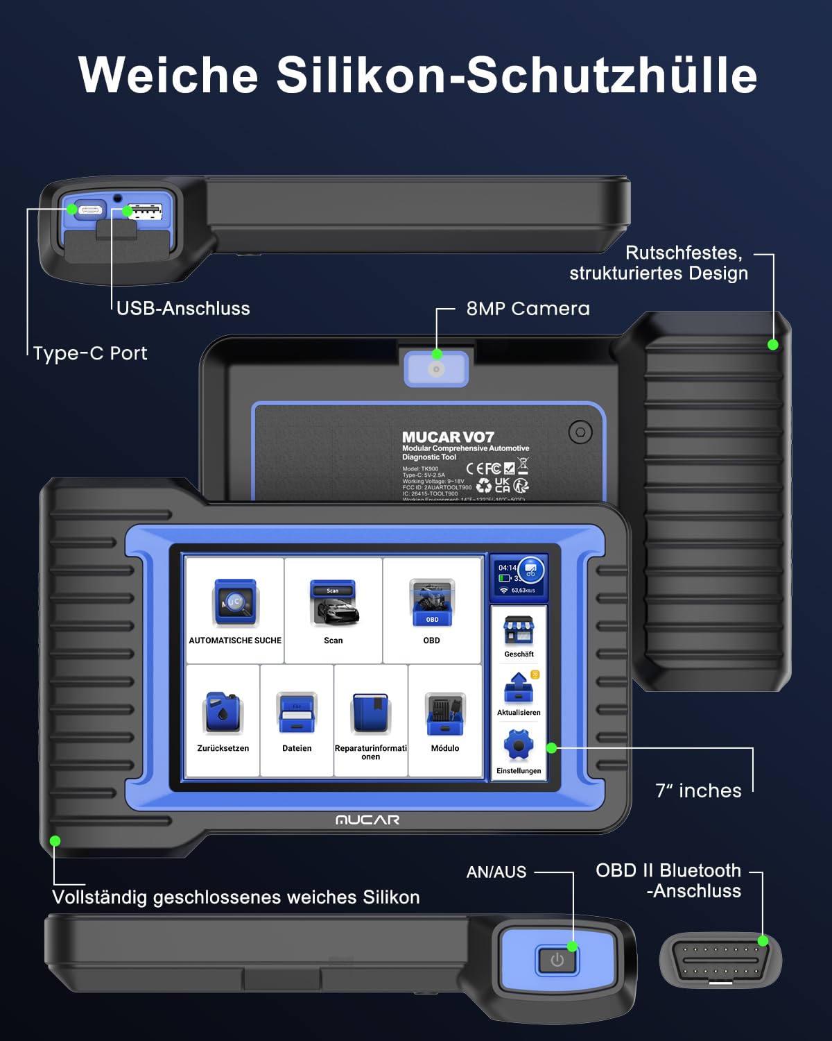 OBD2 Diagnosegerät, MUCAR VO7 Auto Diagnosegerät Mit Volle Systemdiagnose + 28 Reset-Funktion, Auto Auslesegerät Für ECU-Kodierung/BI Direktionale Steuerung, Lebenslange kostenlose Aktualisierungen