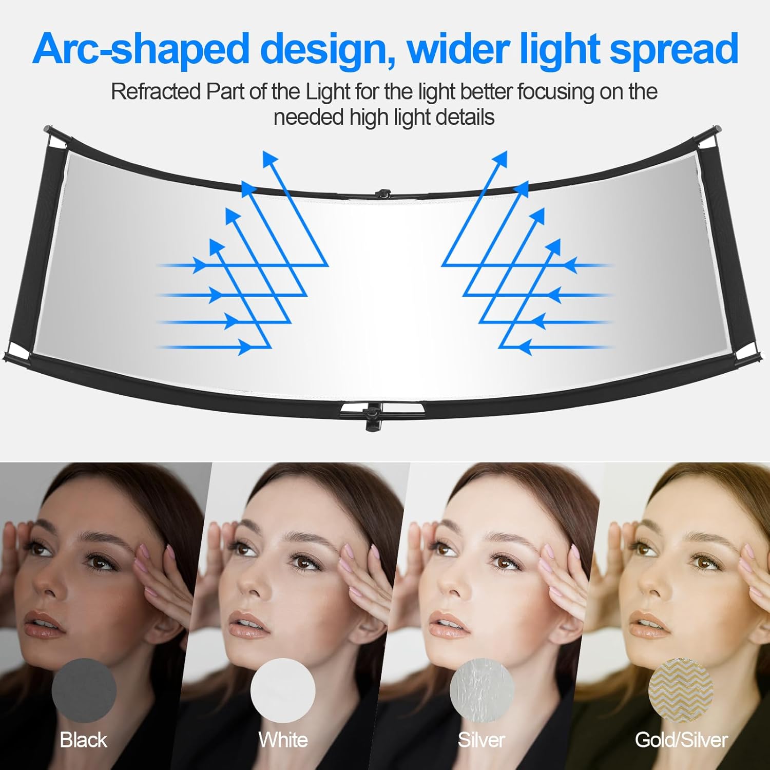 WELLMAKING Clamshell Light Reflector Diffuser with Carrying Bag, 71”×23”/180x60cm Photography Curved Lighting Reflector for Photo Studio Photography & Outdoor Lighting, Black/White/Gold/Silver Colors