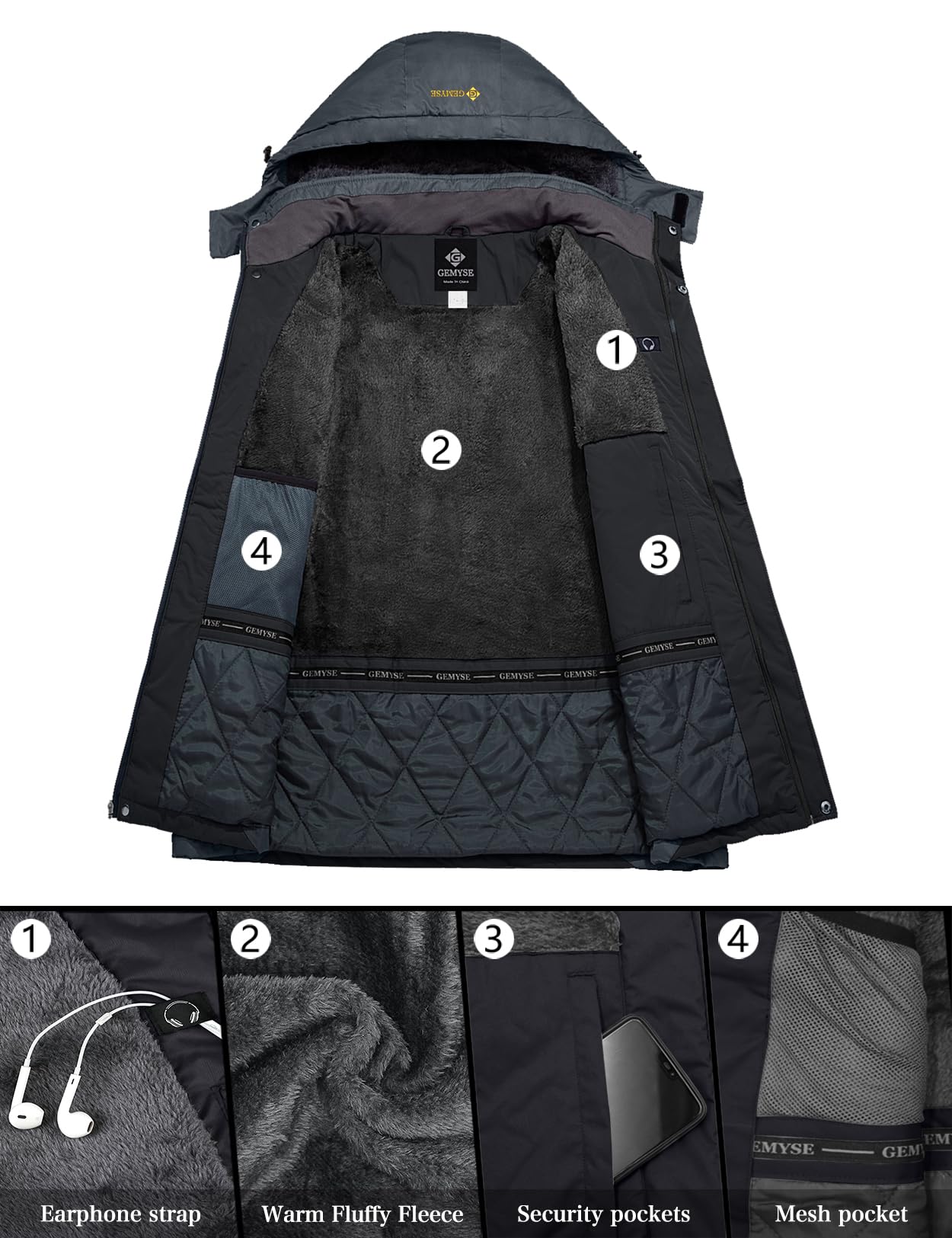 GEMYSE Herren Warme Skijacke Berg Winddicht Wasserdicht Atmungsaktiv Multi-Pocket Outdoor-Winterjacke mit Kapuze