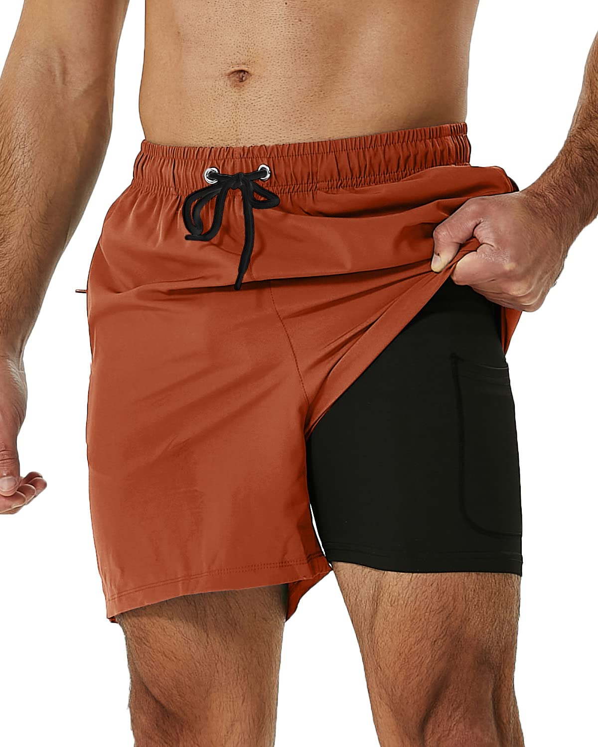 SILKWORLD Mens Swimming Trunks with Compression Liner and Zipper Pockets