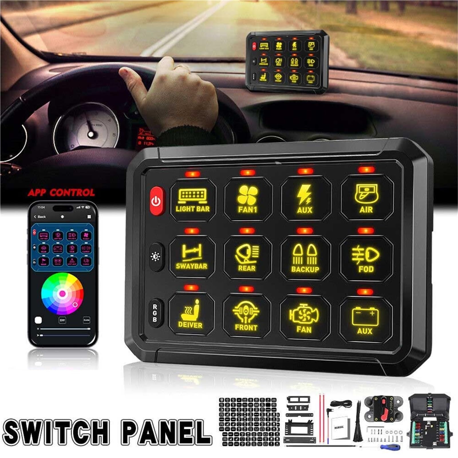 Wielofunkcyjny 12-kanałowy panel przełącznika RGB z aplikacją Bluetooth, pilotem 12 V 24 włącznik zapłonowy rozrusznik