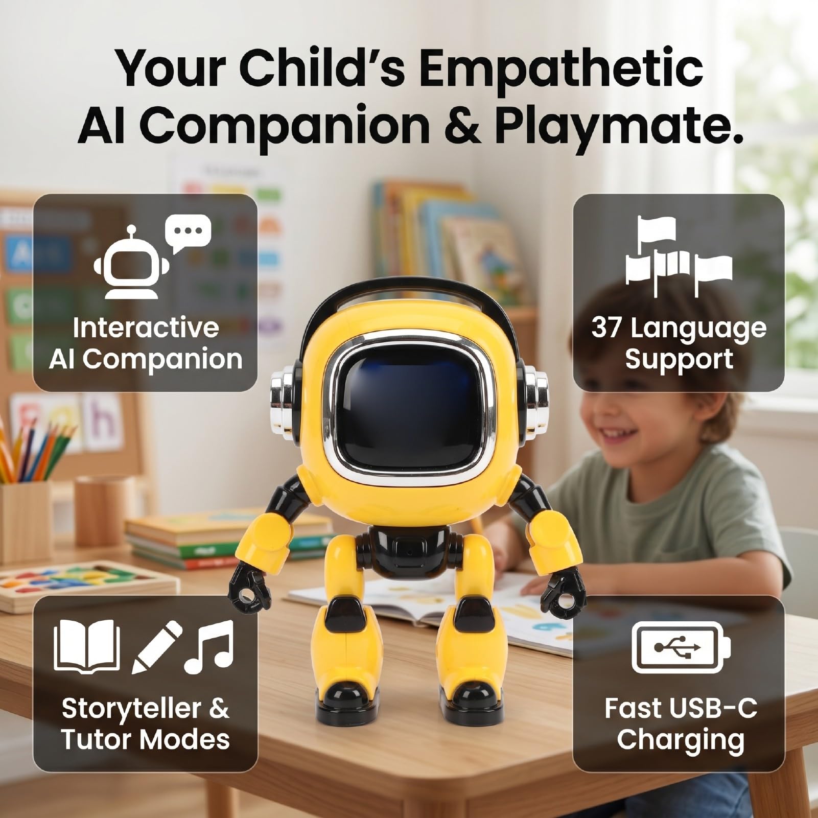 VBESTLIFE Compañero Interactivo de Robot AI, con Juguete de Escritorio Recargable en 37 Idiomas, Cambio de rol de Empatía por Voz para Niños