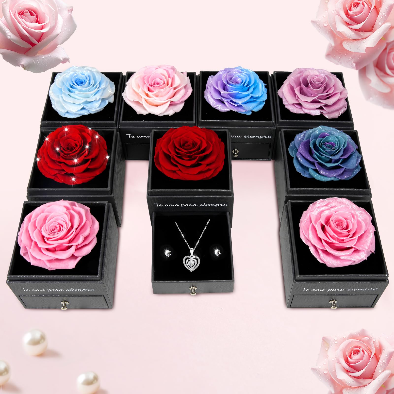 Miofula Rosa Eterna Regalos Originales para Mujer,Flores Preservadas Caja de Regalo con Collar y Aretes,Regalo Aniversario Pareja,Regalo Mujer Cumpleaños,Regalo Mama Novia Dia de la Madre San Valentin