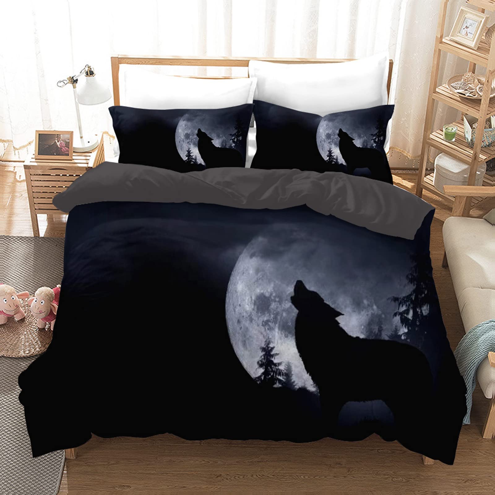 AVJWWD Wolf Bedding Duvet Cover Set Soft Microfiber Animal Pattern Bedding Set with Zipper Closure and 2 Pillow Shams for Kids Adults (Black Wolf, 135x200cm) — image 1