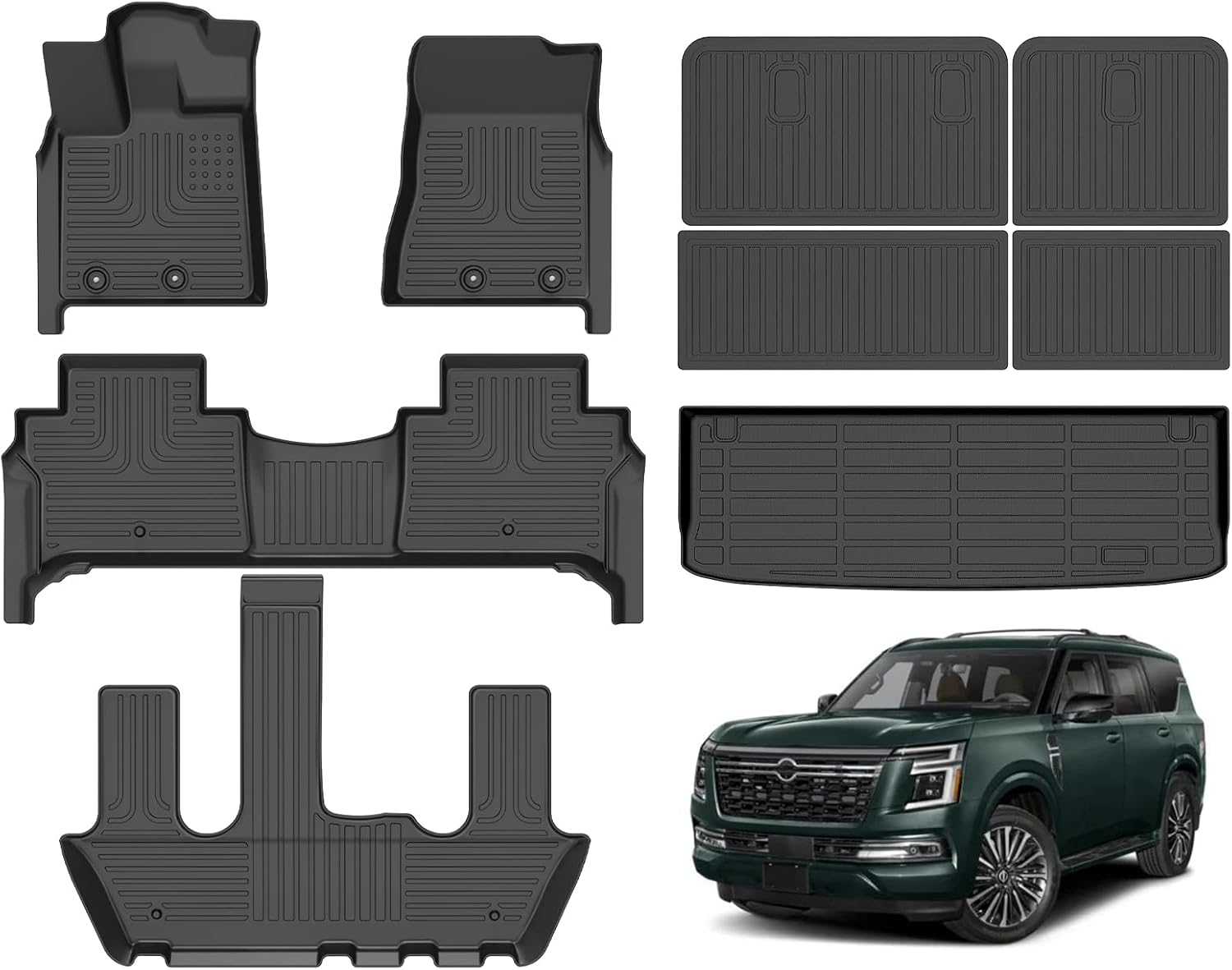 Hutisya-Floor Mats & Cargo Liner with Backrest Set Fit for Nissan Armada 7 Seats 2025 All Weather Protection Anti-Slip & Durable TPE Full Set Liners Automotive Accessories-Black For Nissan Armada 2025 7-P Full Set