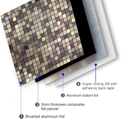 Miniatura 4 de YMMXGE Azulejos de metal para salpicaduras de 10 hojas para despegar y pegar en la cocina, decoración de pared 3D, azulejos de mosaico de aluminio