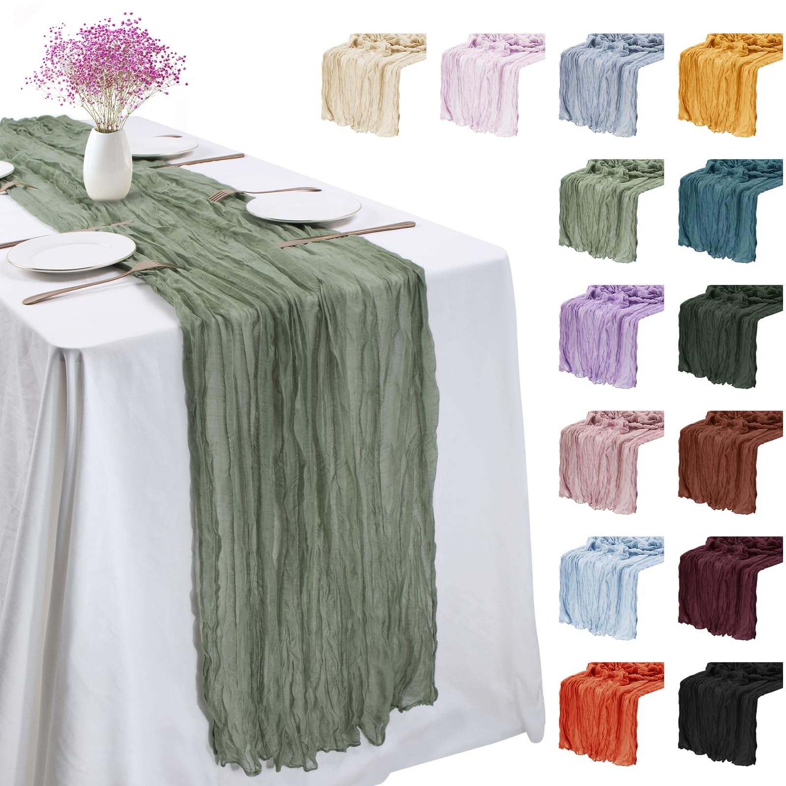 LEREATI 3 Pack Sage Green Cheesecloth Table Runner 90cm x 400cm Chiffon Gauze Fabric Sheer Cheese Cloth Table Runner for Dresser Birthday Wedding Dining Room Summer Boho Decoration