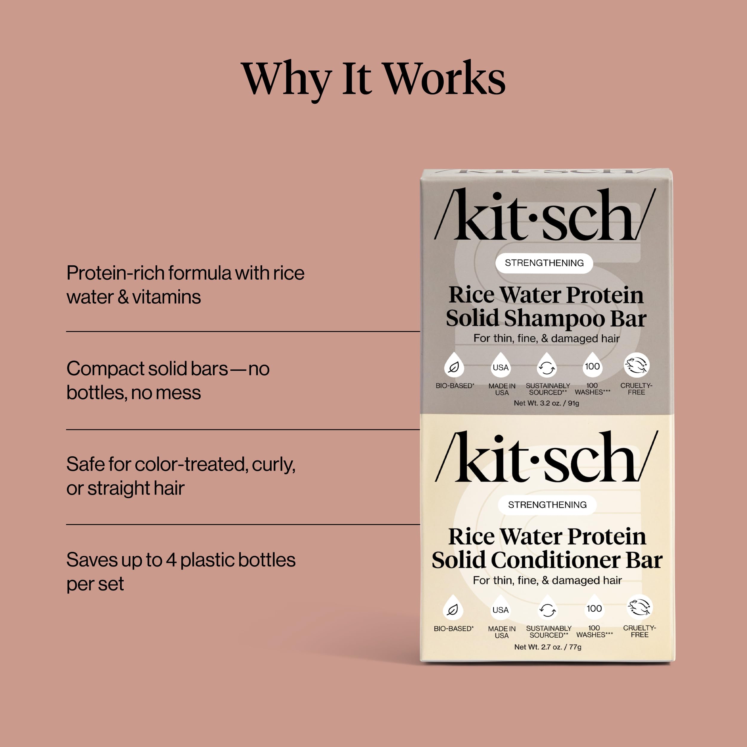 Kitsch Rice Water Protein Solid Shampoo and Conditioner Set for Hair Growth – Strengthening Hair Care Duo w/Rice Protein & Vitamins for Damage Repair – Paraben, Sulfate & Silicone Free, Made in USA
