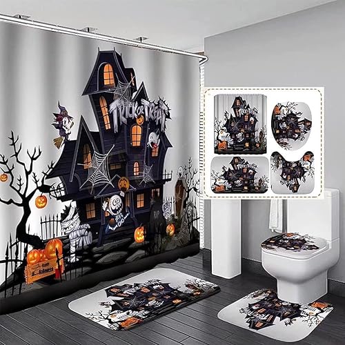 Cortina de ducha impermeable de calabaza de Halloween, con alfombras antideslizantes, cubierta de tapa de inodoro y alfombrilla de baño, juego de