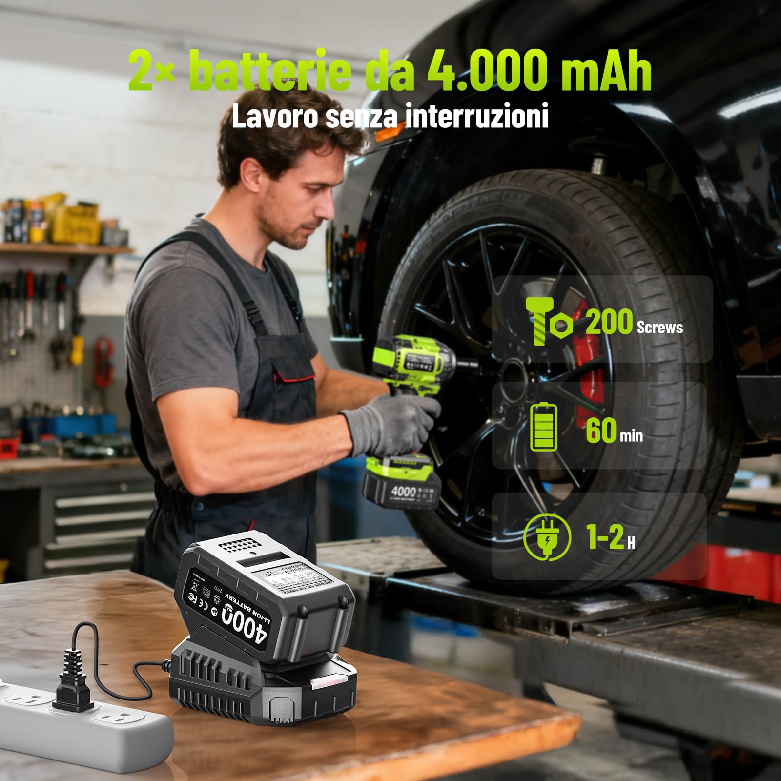 Robustrue 800 N·m Avvitatore a impulsi a batteria 1/2", motore brushless ad alta coppia, fino a 2800 giri/min, 2 batterie 4,0Ah con caricatore, 4 bussole, ideale per auto e uso domestico