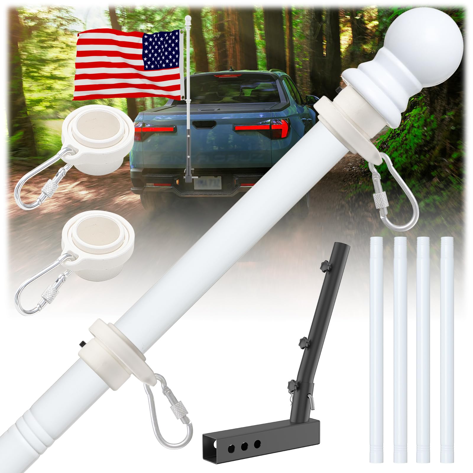 DIOVPLXTruck Flag Pole Kit with Trailer Hitch Flagpole Holder, Tangle Free White Flag Pole, Heavy Duty Stainless Steel Flagpole for Car, Pickup, Jeep, Vehicle, House, Porch, Yard, Parade, 5FT