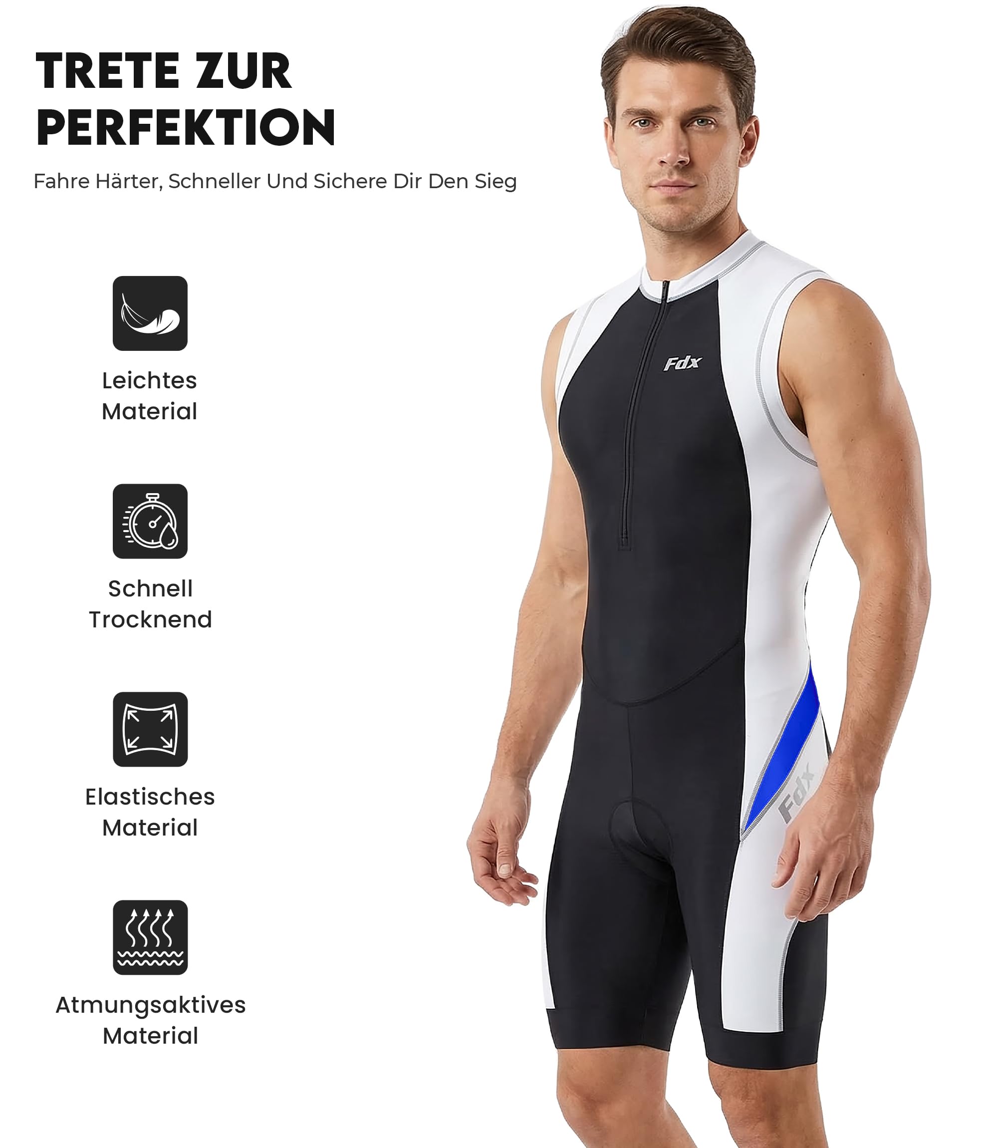 FDX Ärmelloser Triathlon Anzug Herren Schaumpolster Trisuit | Schnelltrocknendes Material Atmungsaktives Stretchgewebe Flachnähte für Schwimmen Radfahren Laufen Wettkampf und Training
