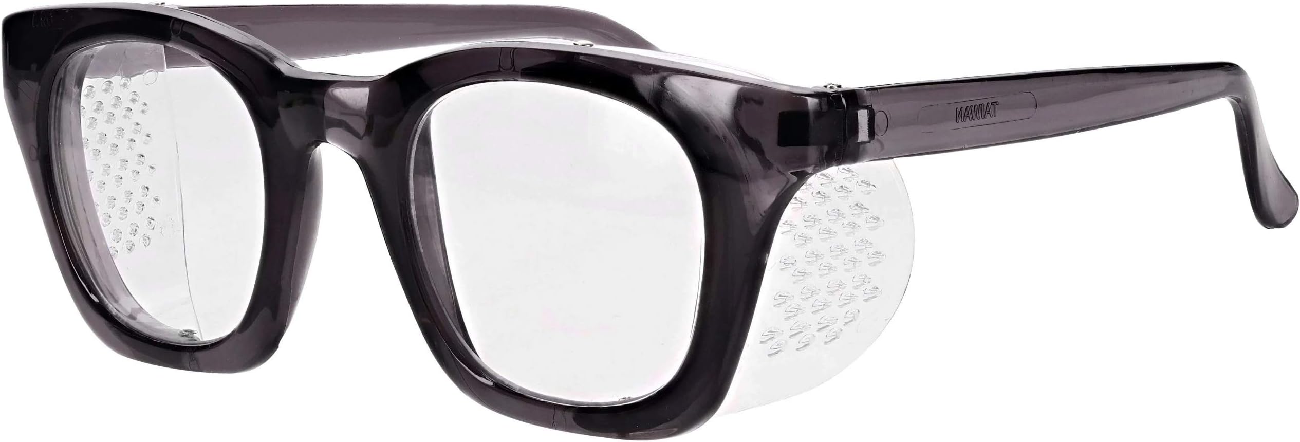 Glass Safety Glasses in Plastic Smoke Gray Safety Frame with Permanent Side Shields, 50mm Eye Size, Clear Glass Lenses